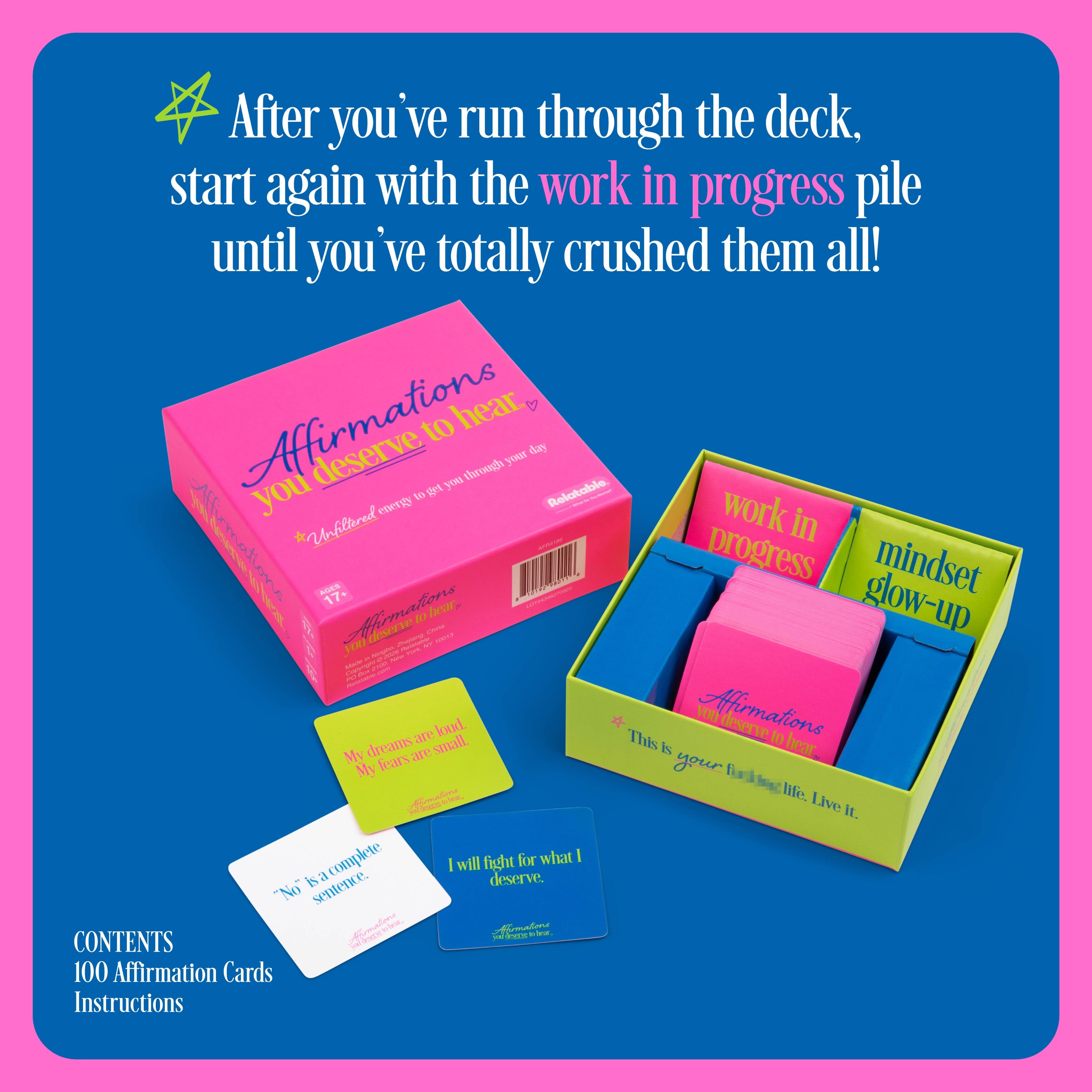 Affirmations You Deserve To Hear by Relatable – Bold Daily Affirmation Cards for Women, Self Care and Motivational Gifts for Her, 100 Confidence-Boosting Cards