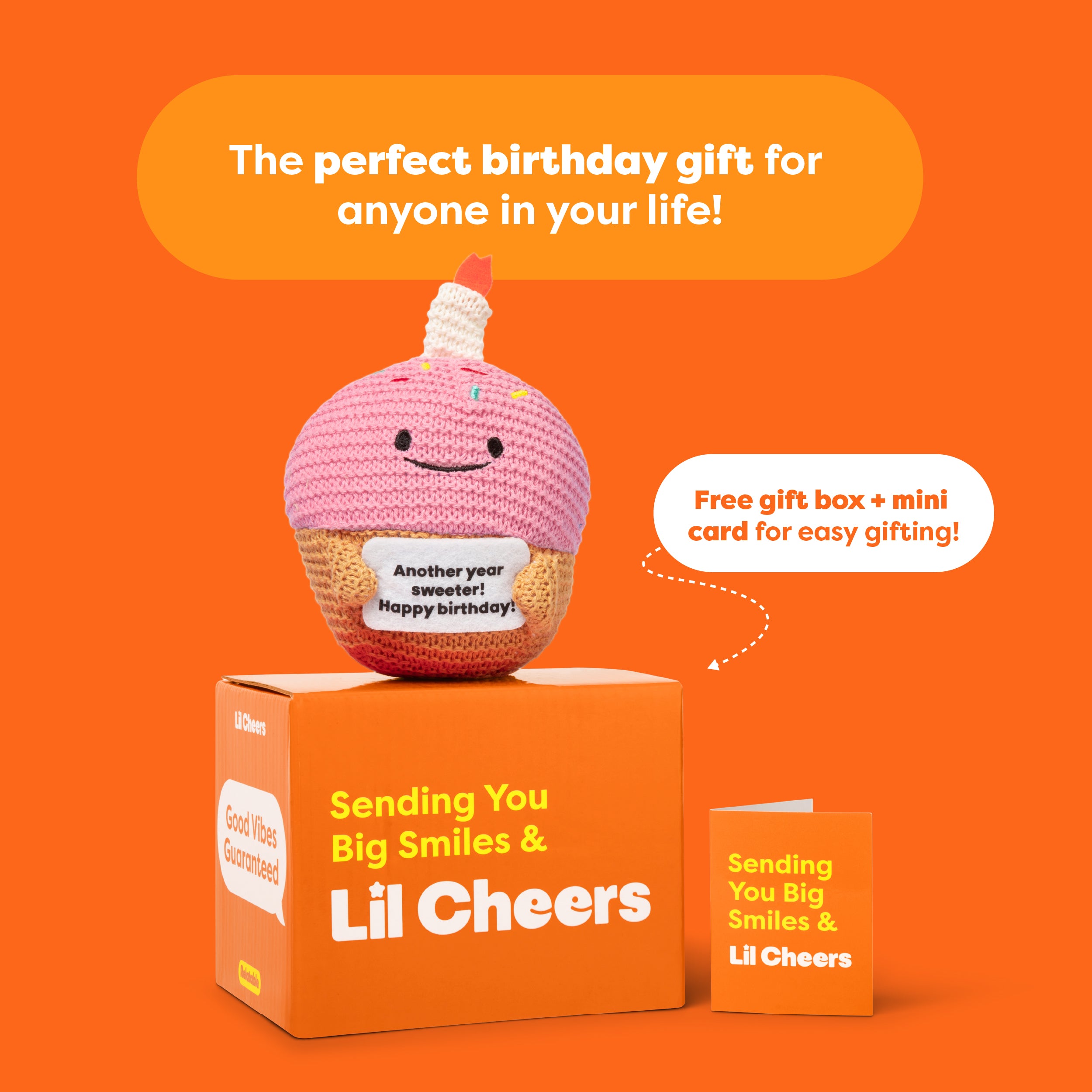 Lil Cheers Birthday Cupcake by Relatable – Crochet Plush with Motivational Sign, Great Birthday Gifts, Birthday Plush, Comfort Gifts & Desk Buddy