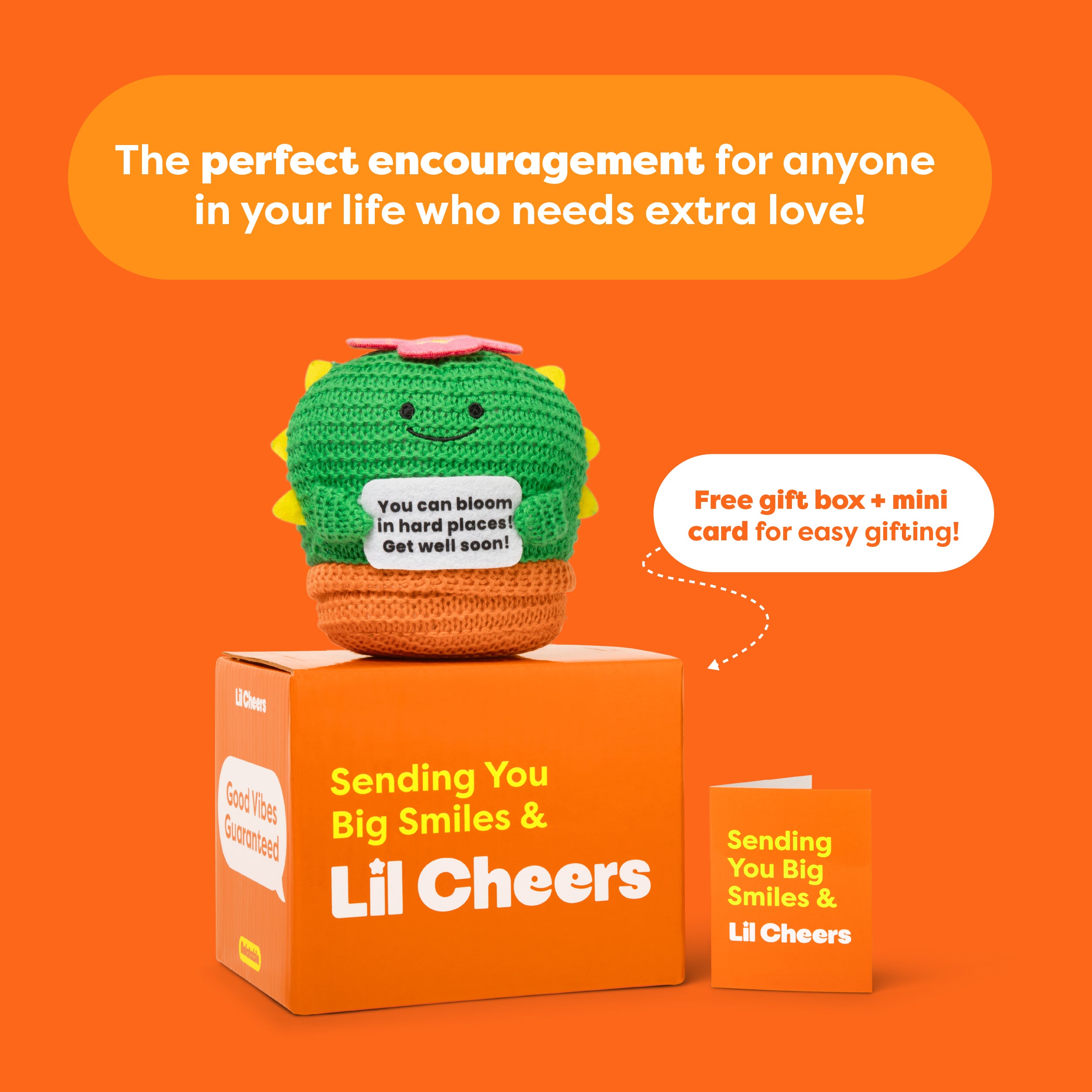 Lil Cheers Get Well Soon Cactus by Relatable – Crochet Plush with Motivational Sign, Great Get Well Soon Gifts, Feel Better Gift, Comfort Gifts & Desk Buddy