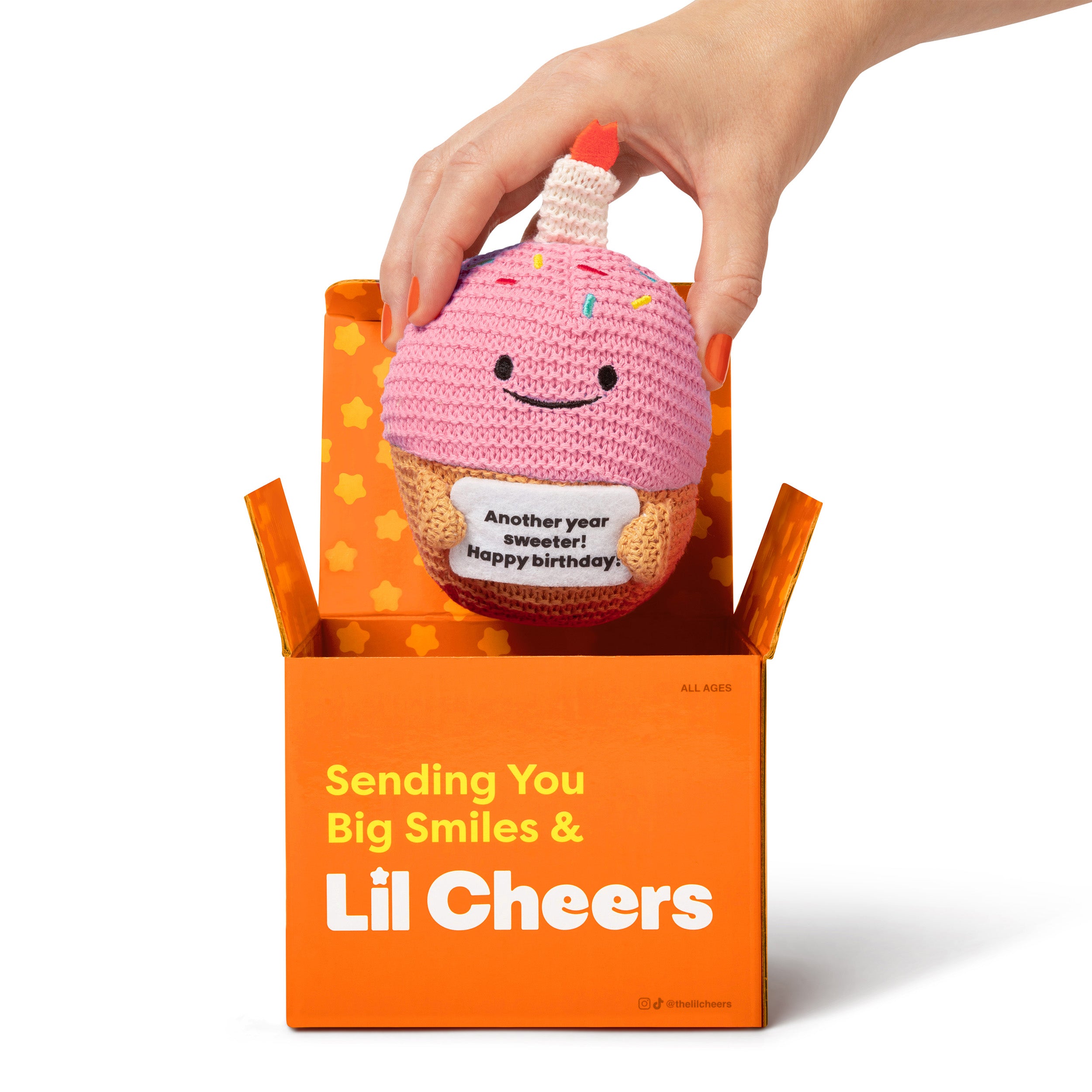 Lil Cheers Birthday Cupcake by Relatable – Crochet Plush with Motivational Sign, Great Birthday Gifts, Birthday Plush, Comfort Gifts & Desk Buddy