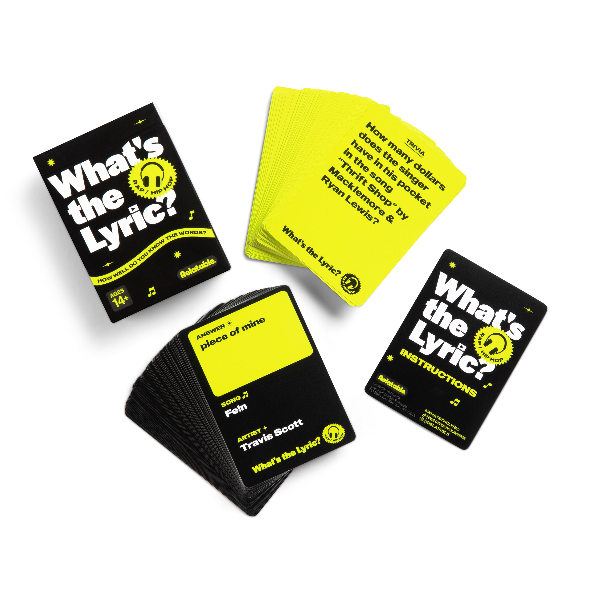What's The Lyric Rap and Hip-Hop by Relatable - A Music Trivia Game and Finish the Lyric Card Game Featuring All Of The Top Hits – Includes 100 Cards.