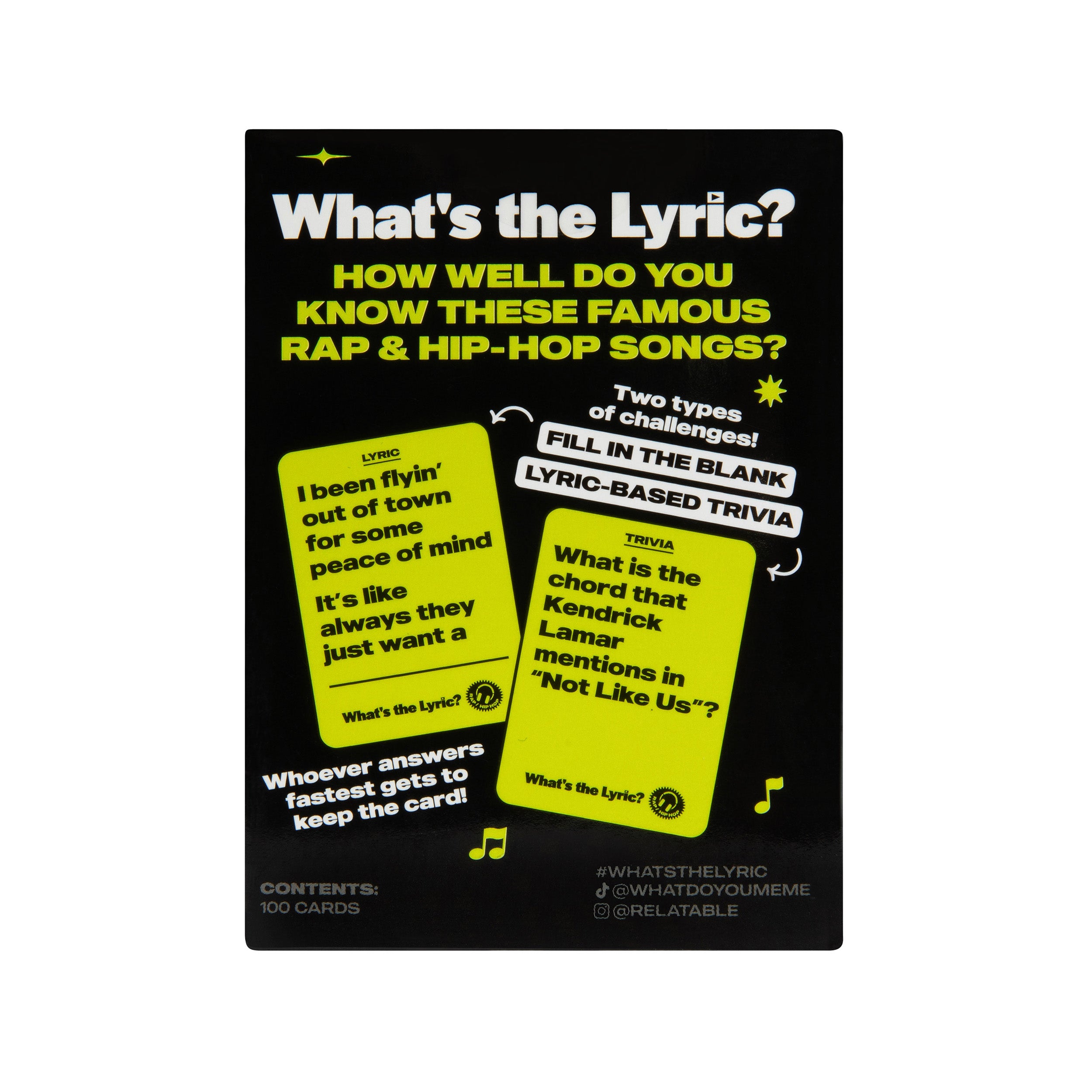 What's The Lyric Rap and Hip-Hop by Relatable - A Music Trivia Game and Finish the Lyric Card Game Featuring All Of The Top Hits – Includes 100 Cards.
