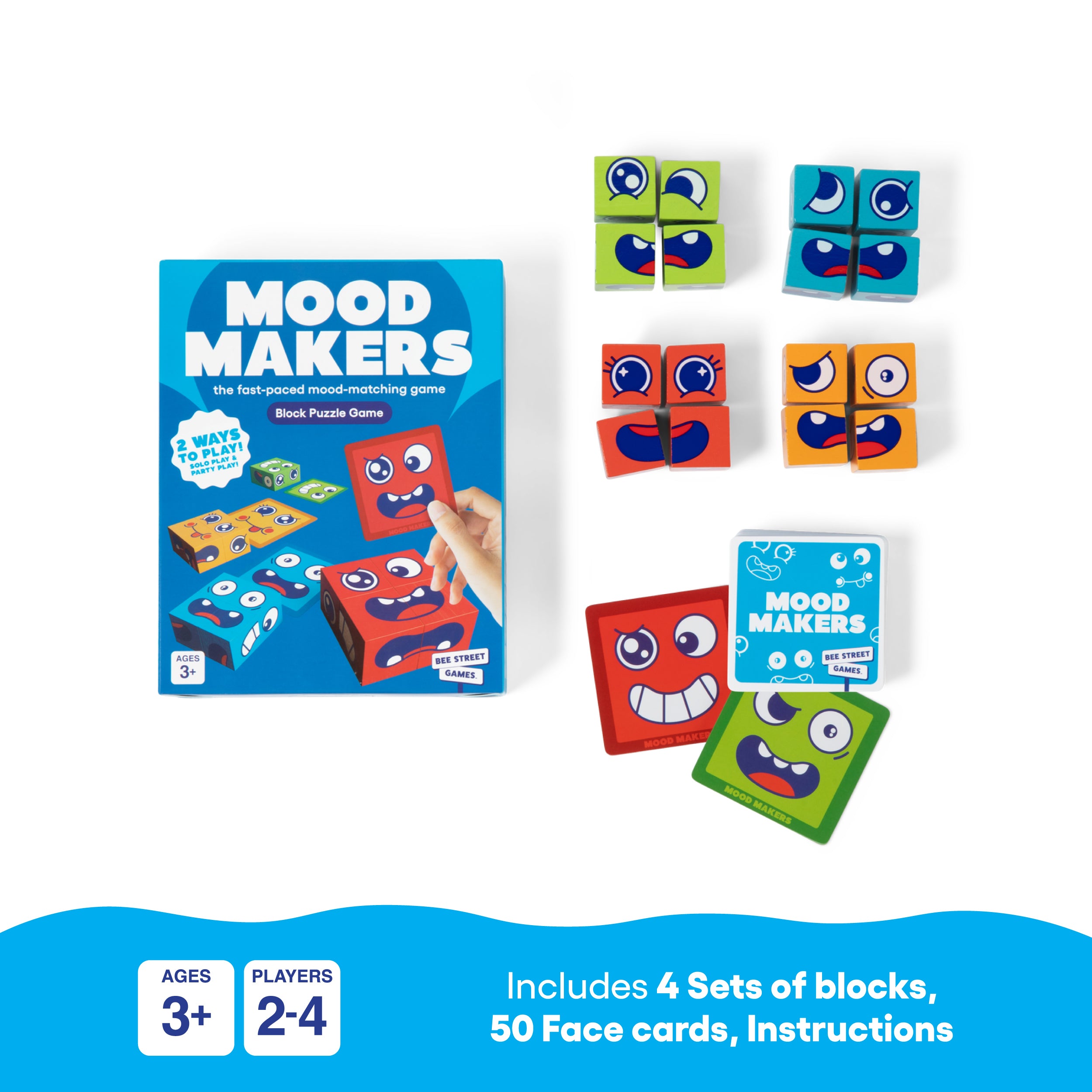 Mood Makers from Bee Street Games, by Relatable – A fast-paced dexterity kids games that includes 16 face blocks, 50 cards, and one instruction card.