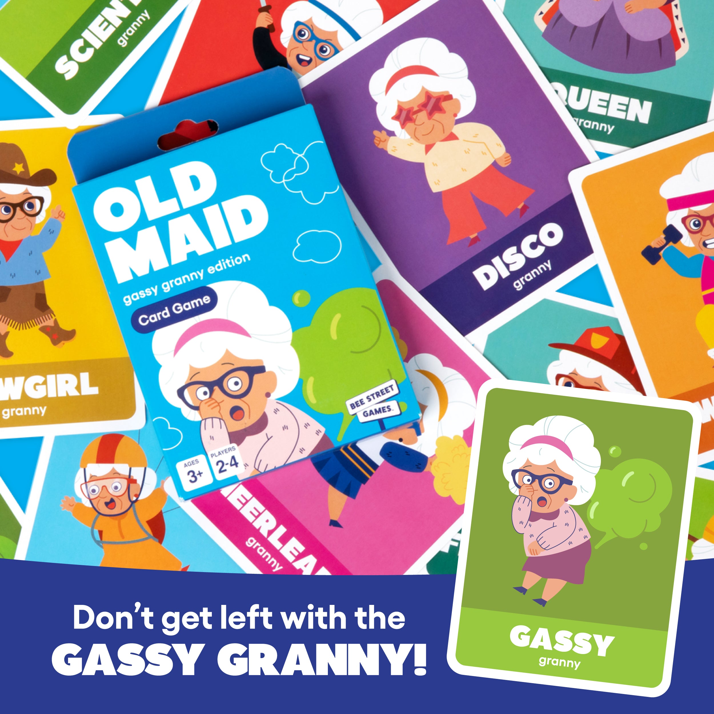 Old Maid, The Gassy Granny Edition from Bee Street Games, by Relatable – Classic family games reimagined with playful, silly themes. Includes 37 jumbo playing cards.