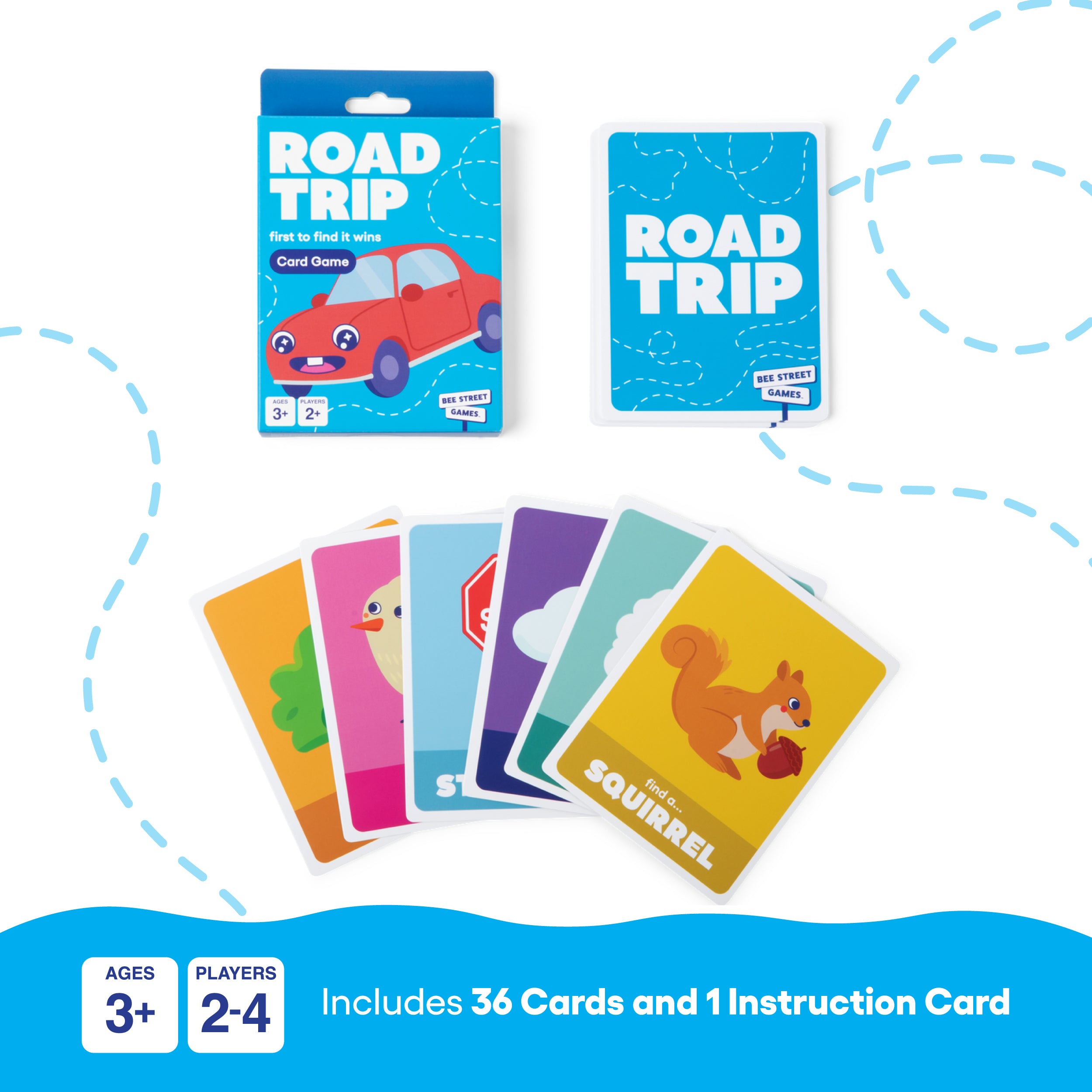 Road Trip from Bee Street Games, by Relatable. Road trip games for kids and family fun on the go. Includes 36 jumbo playing cards.