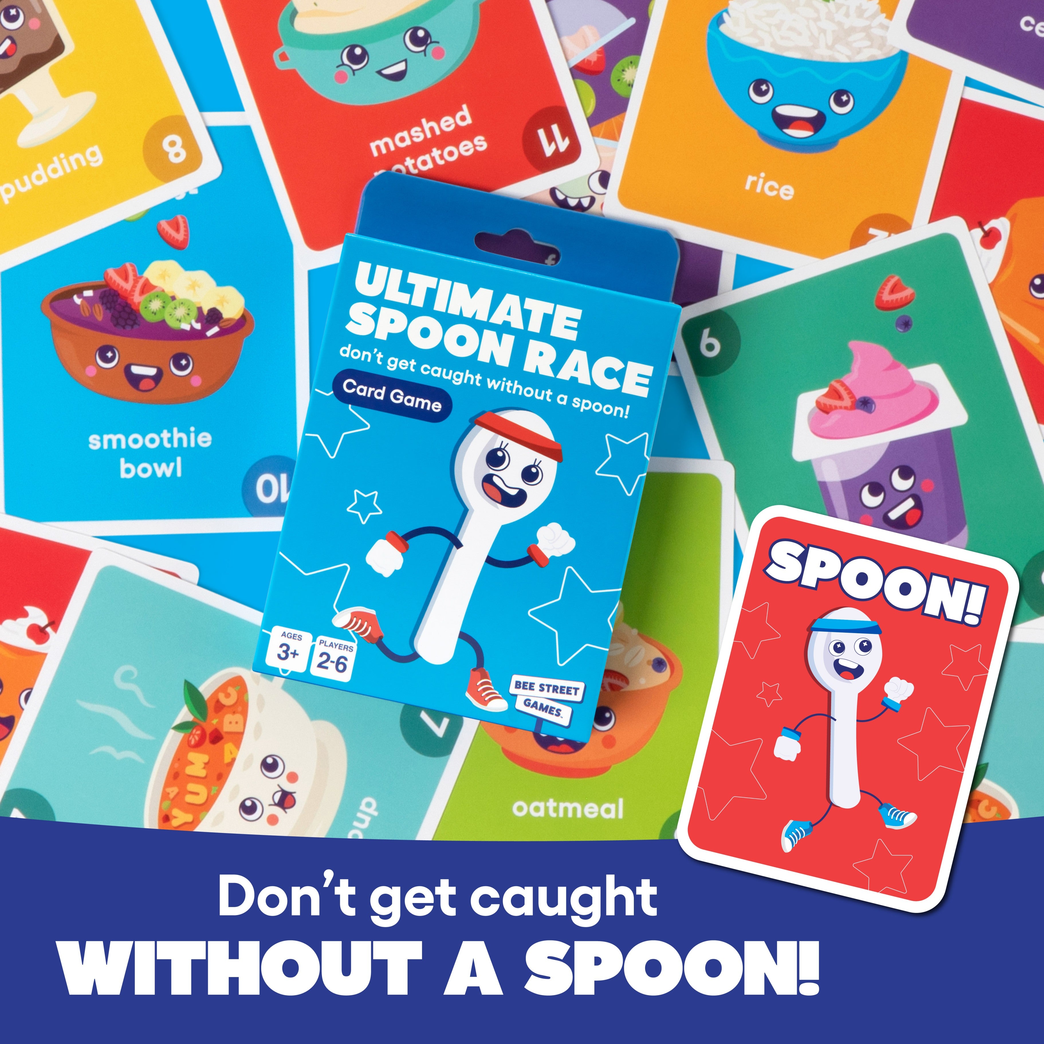 The Ultimate Spoon Race from Bee Street Games, by Relatable – Classic family games reimagined with playful themes. Includes 57 jumbo playing cards and one instruction card.