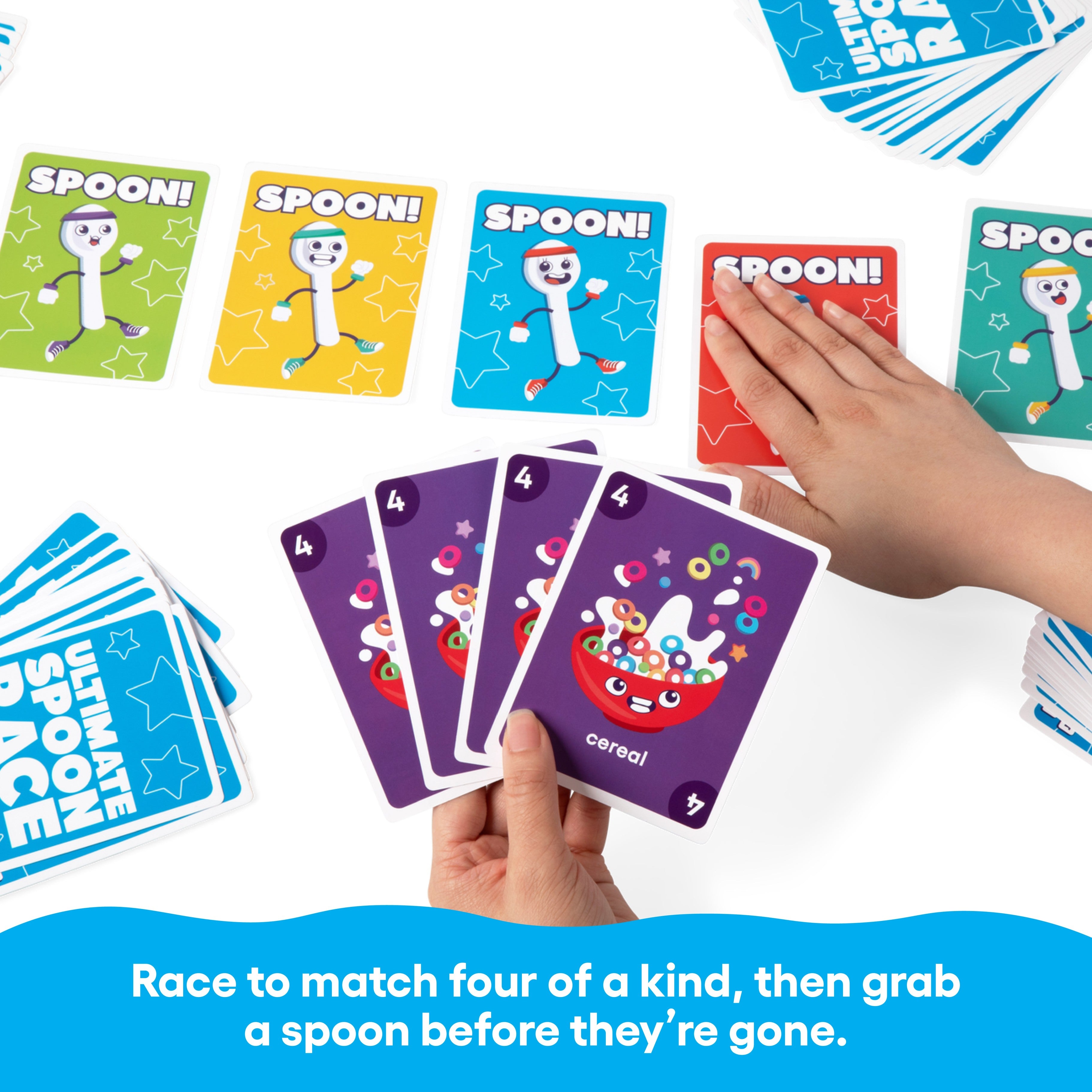 The Ultimate Spoon Race from Bee Street Games, by Relatable – Classic family games reimagined with playful themes. Includes 57 jumbo playing cards and one instruction card.