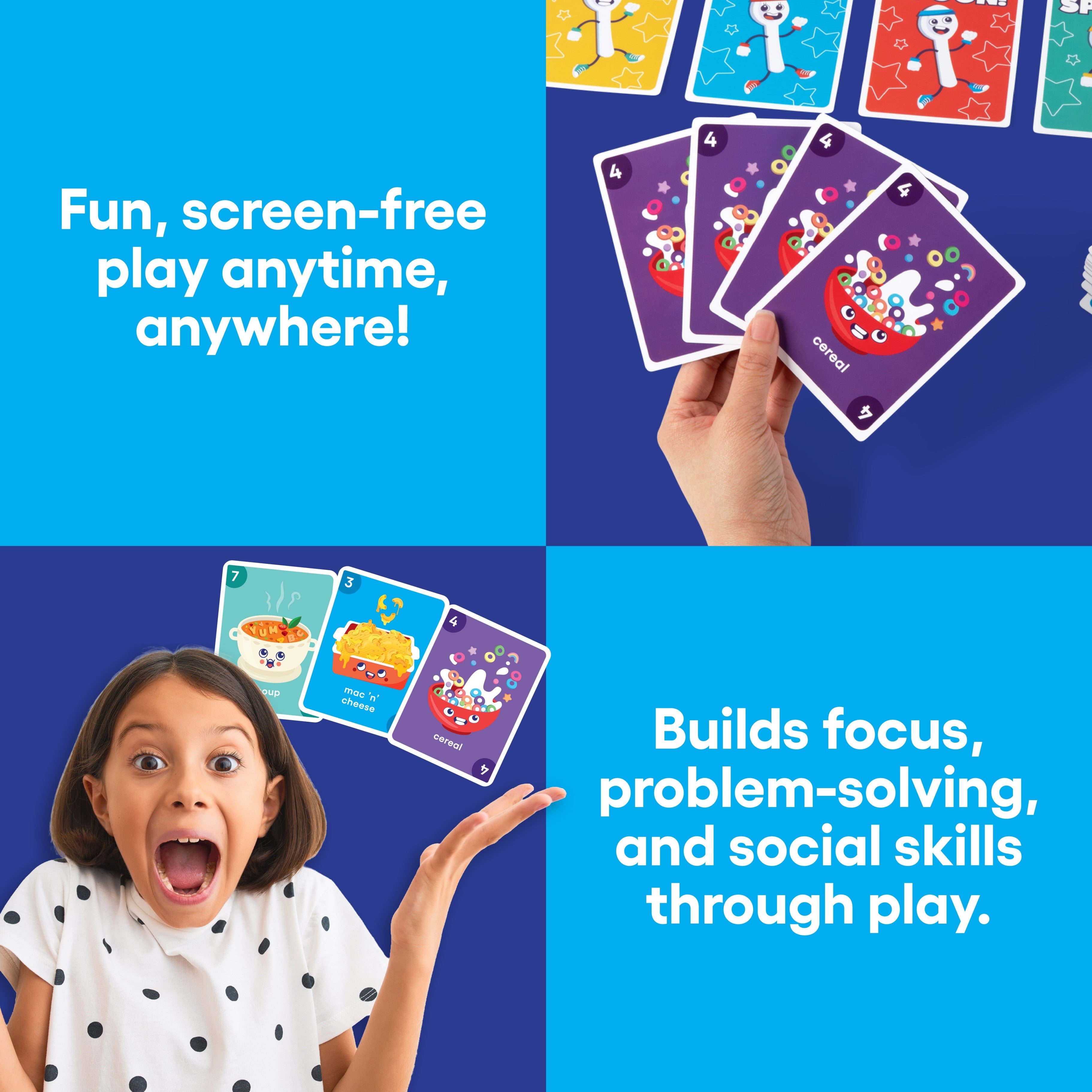 The Ultimate Spoon Race from Bee Street Games, by Relatable – Classic family games reimagined with playful themes. Includes 57 jumbo playing cards and one instruction card.