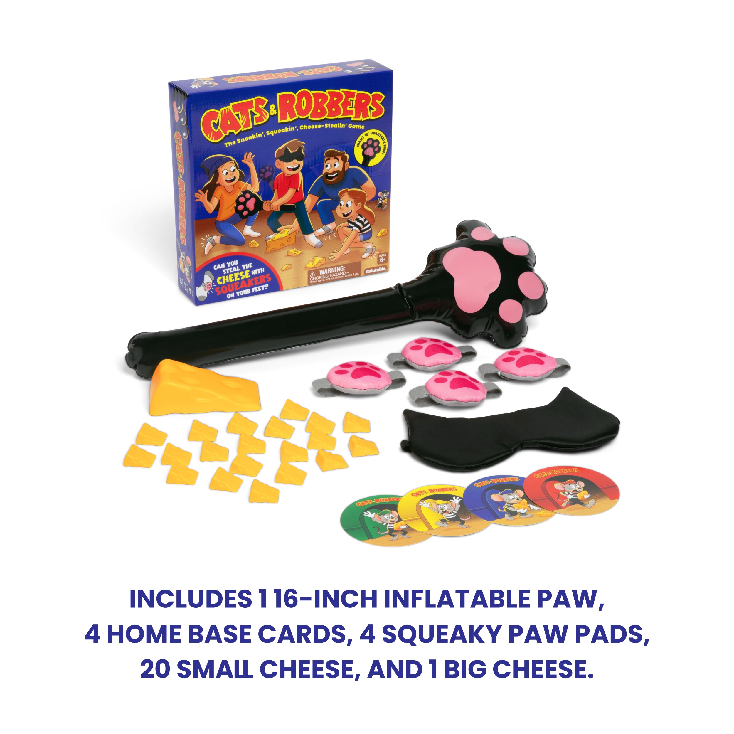Cats and Robbers by Relatable - Can You Steal the Cheese Without Getting Caught? An Up and Active Family Games and Kids Games Pick - Includes 1 Inflatable Paw, Cheese, Squeaky Mice Feet and More.