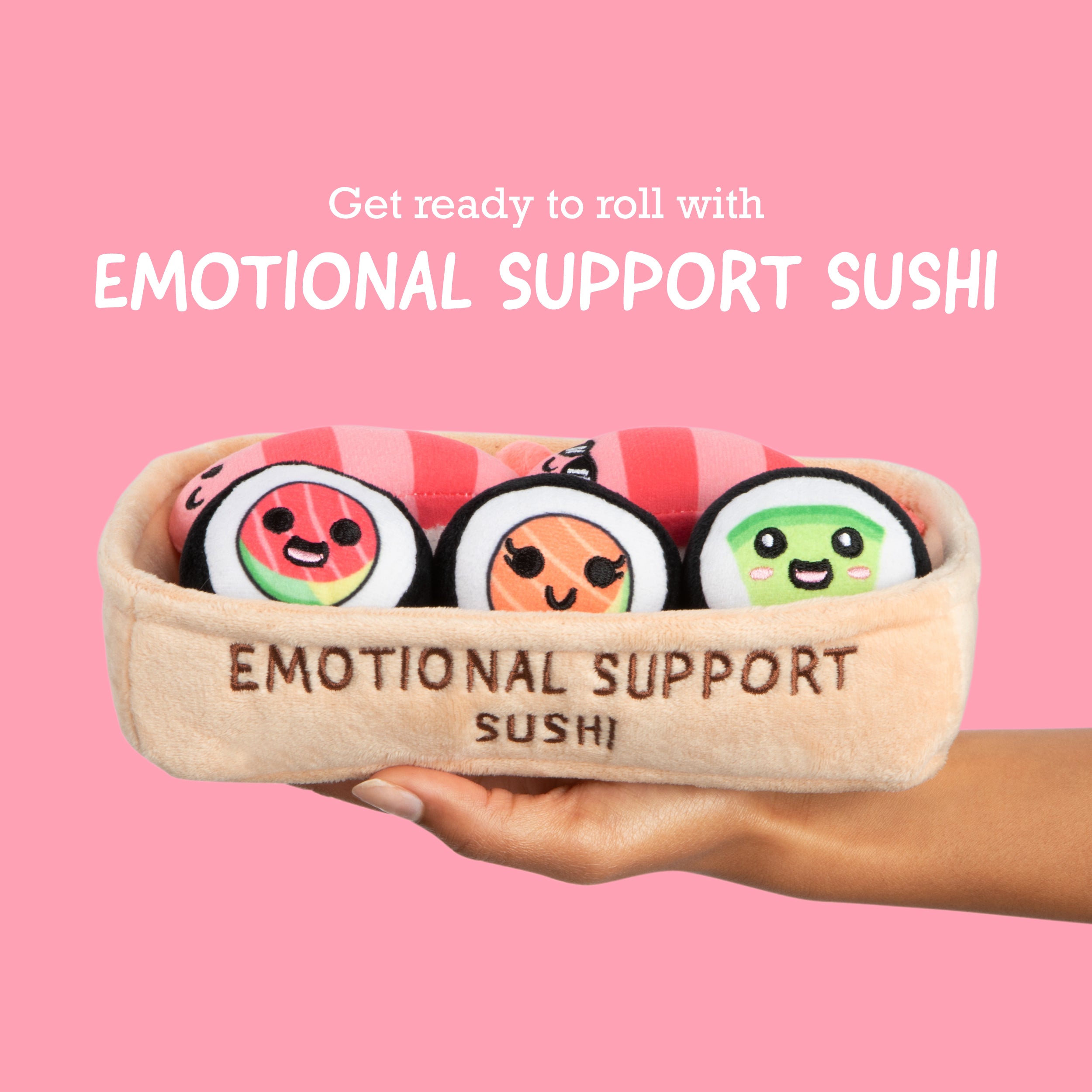 Emotional Support Sushi by Relatable – Cuddly Plush Sushi Toys in Basket, Funny Gifts and Comfort Plushies for All Ages, Includes 5 Plush Rolls