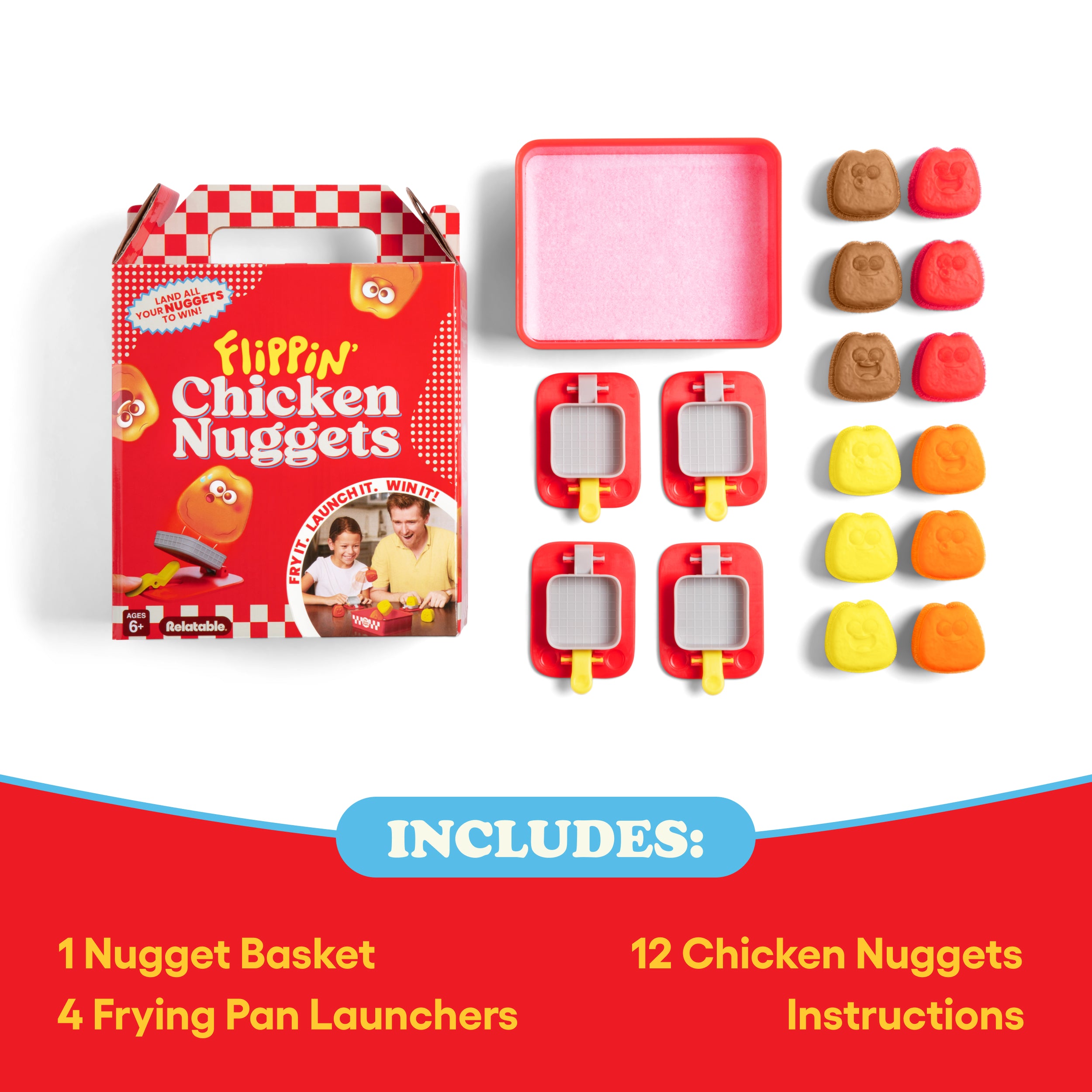 Flippin' Chicken Nuggets by Relatable - Ready, Set, Flip! Land All Your Nuggest To Win. A Fun Pick for Family Games for Kids and Adults, and Birthday Gifts – Includes 4 Launchers and 12 Nuggets