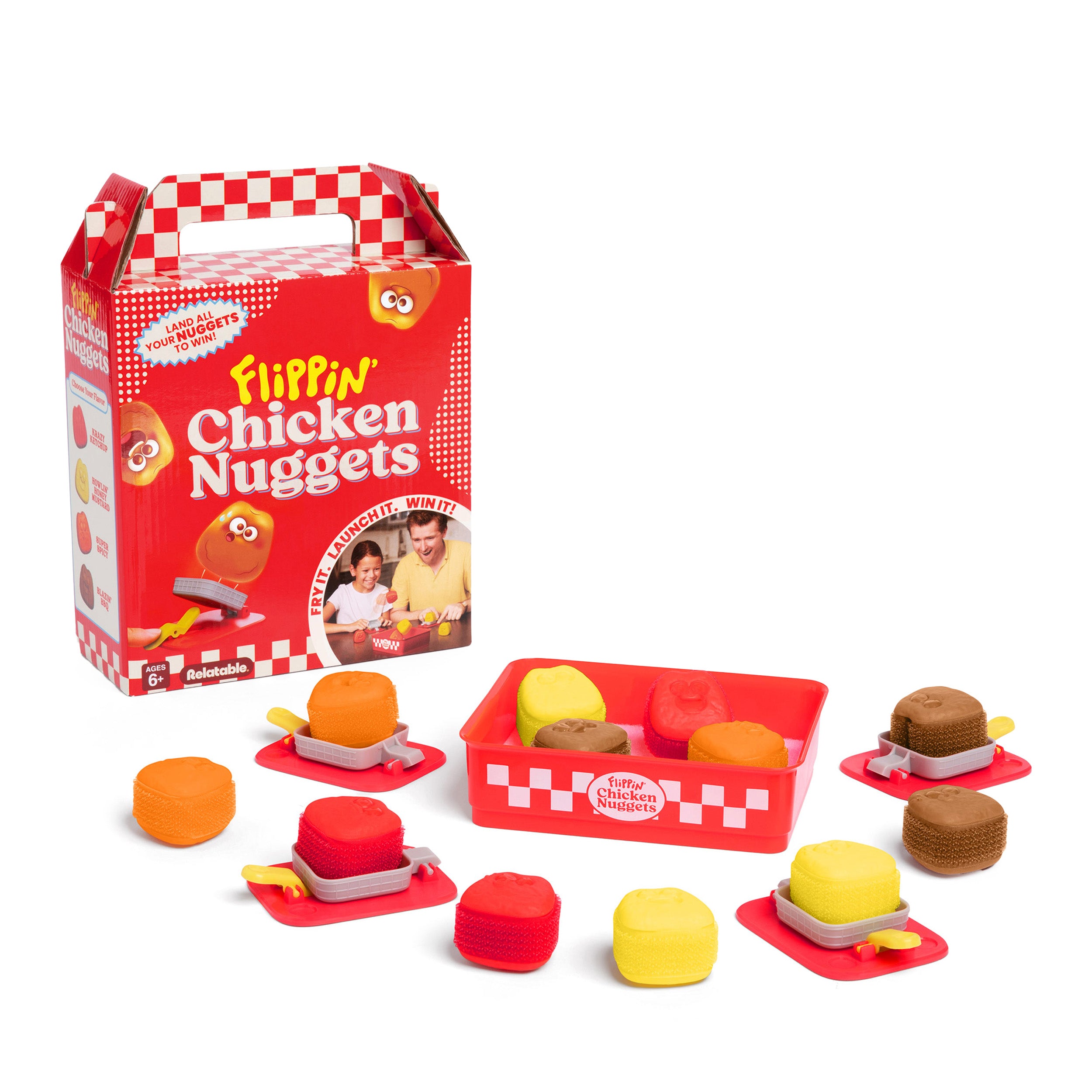 Flippin' Chicken Nuggets by Relatable - Ready, Set, Flip! Land All Your Nuggest To Win. A Fun Pick for Family Games for Kids and Adults, and Birthday Gifts – Includes 4 Launchers and 12 Nuggets