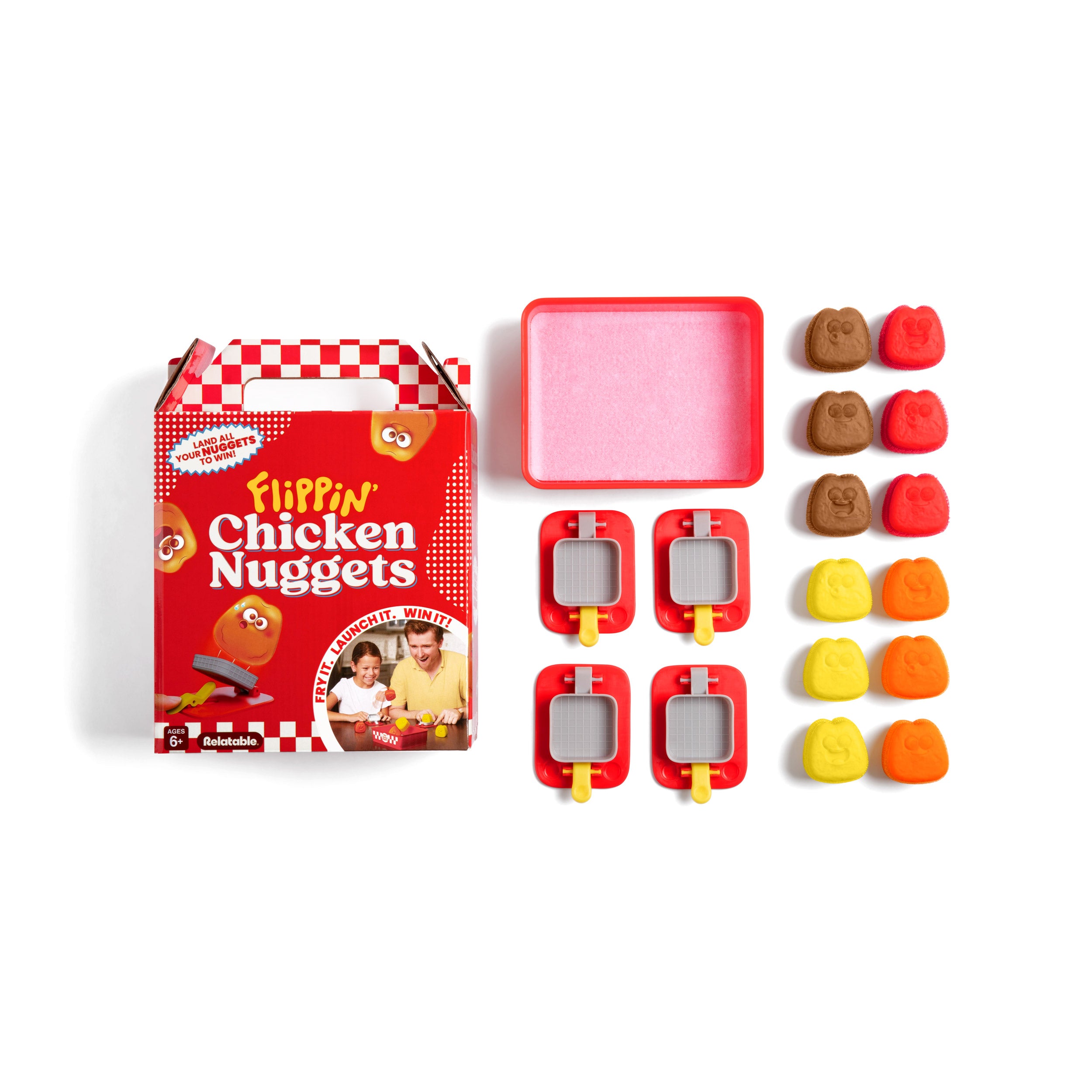 Flippin' Chicken Nuggets by Relatable - Ready, Set, Flip! Land All Your Nuggest To Win. A Fun Pick for Family Games for Kids and Adults, and Birthday Gifts – Includes 4 Launchers and 12 Nuggets
