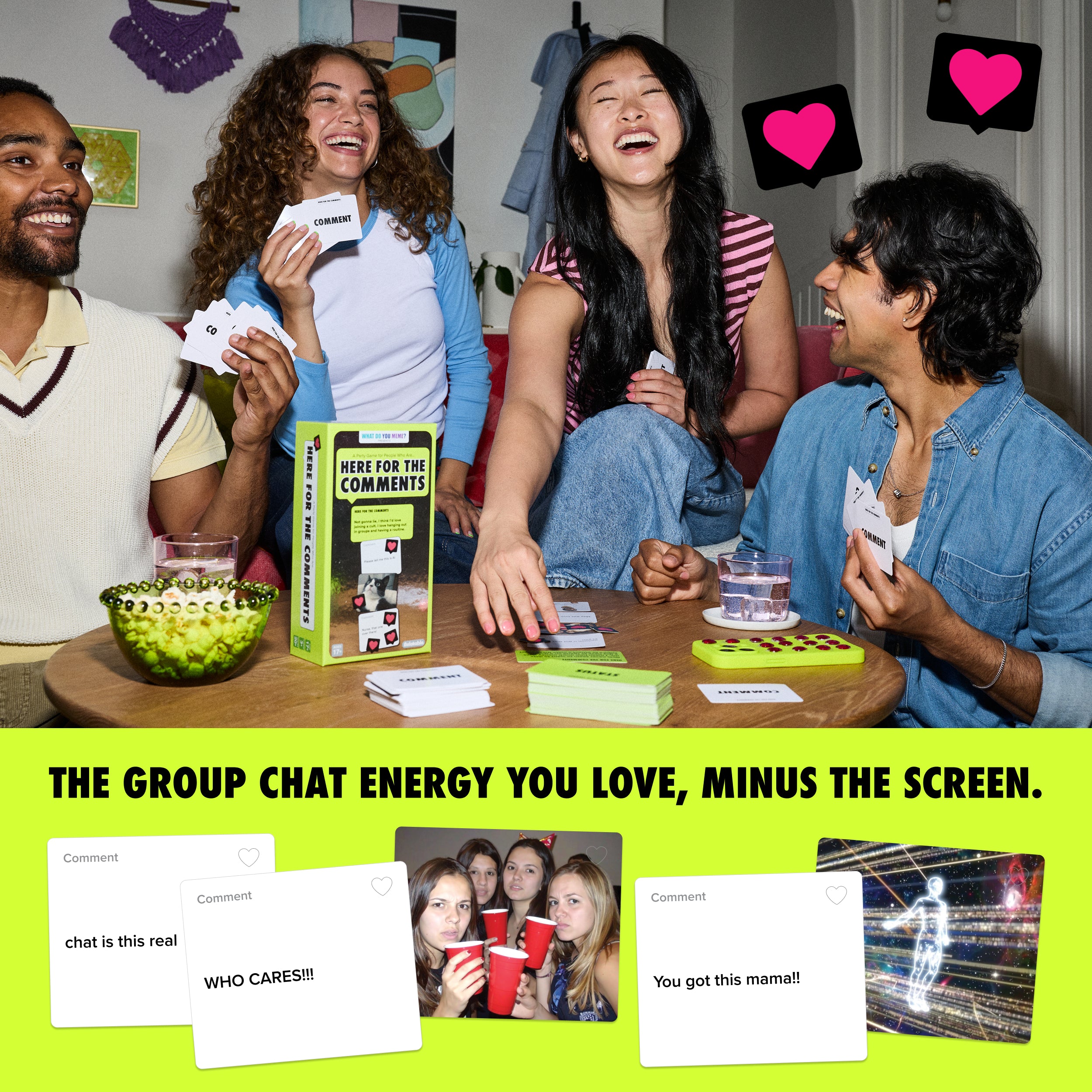 Here For The Comments by Relatable - An Adult Party Game Built on Internet Culture, Funny Party Games for Game Night and Fun Gifts – Includes 100 Status Cards, 240 Comment Cards and 12 Heart Tokens