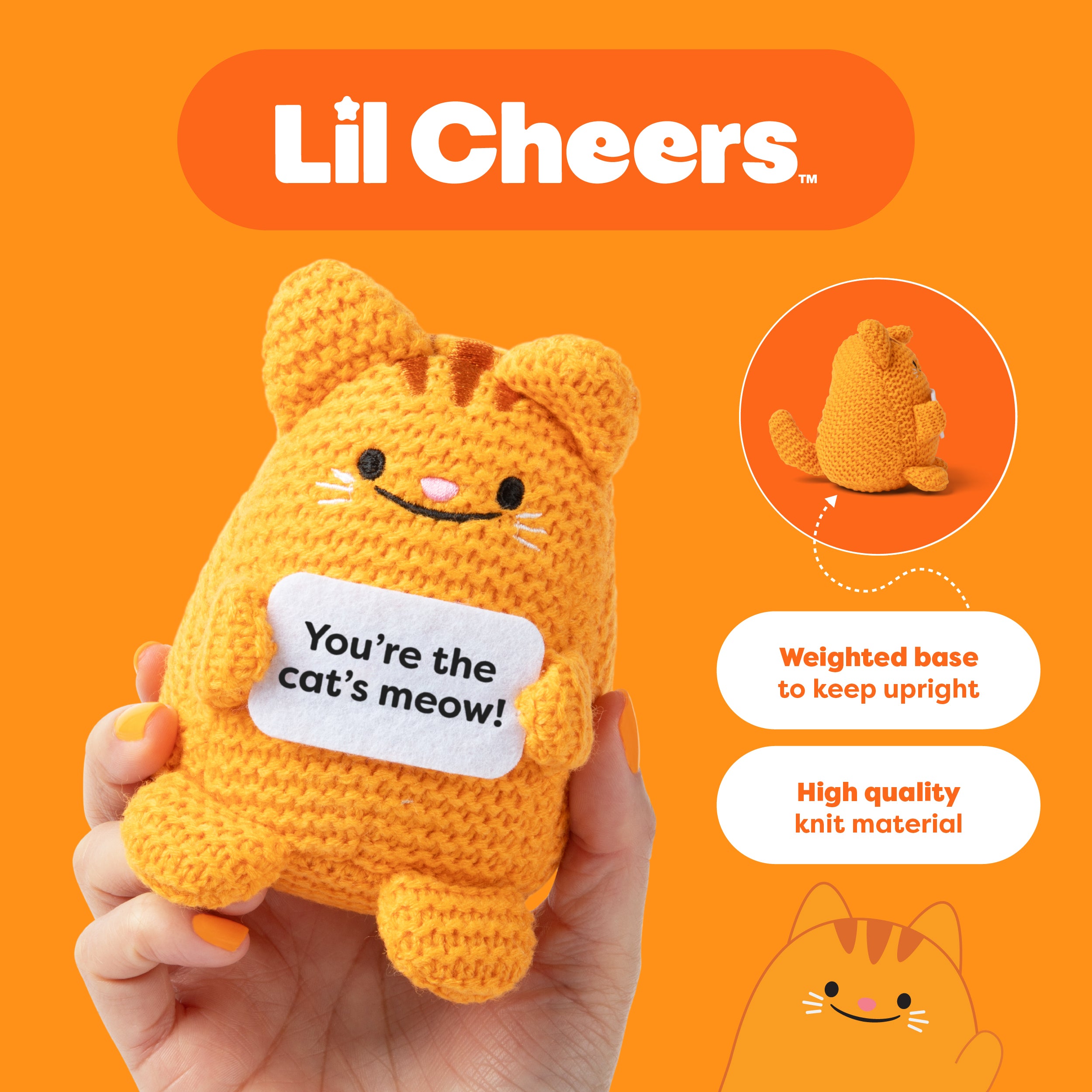 Lil Cheers Cat by Relatable – Cute Crochet Plush with Motivational Sign,Desk Decor