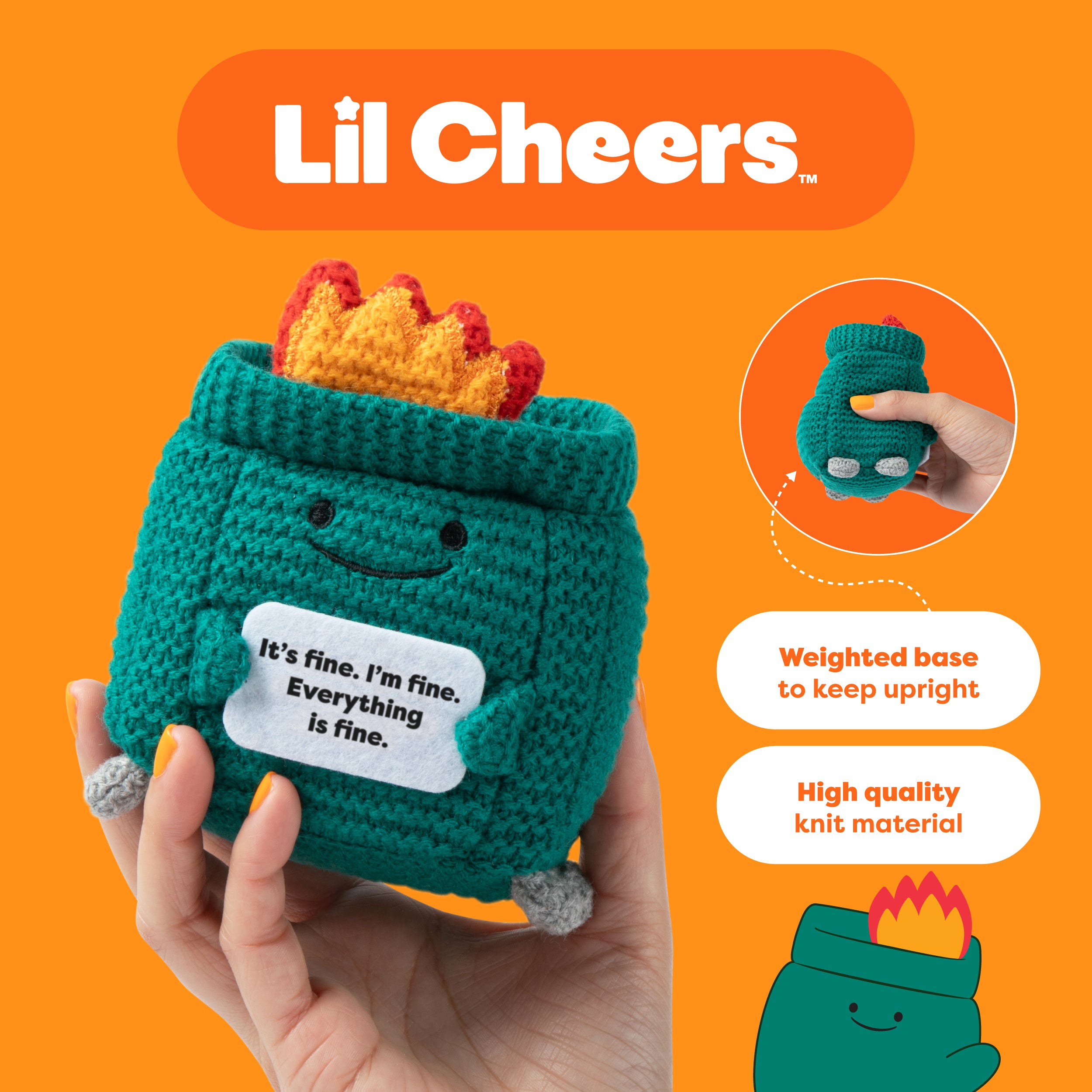 Lil Cheers Dumpster by Relatable – Funny Crochet Plush with Motivational Sign, Uplifting Gift & Desk Decor