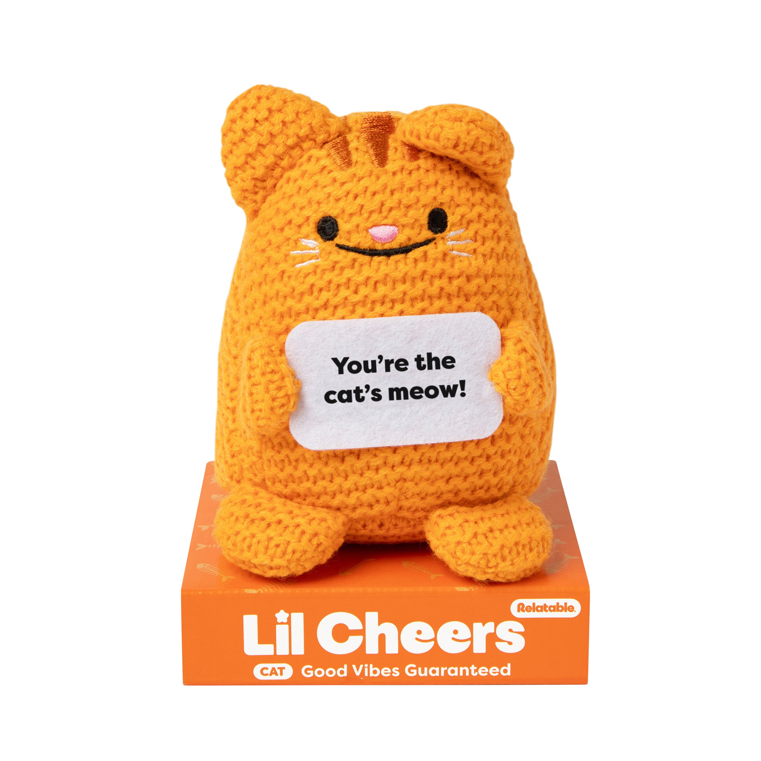 Lil Cheers Cat by Relatable – Cute Crochet Plush with Motivational Sign,Desk Decor