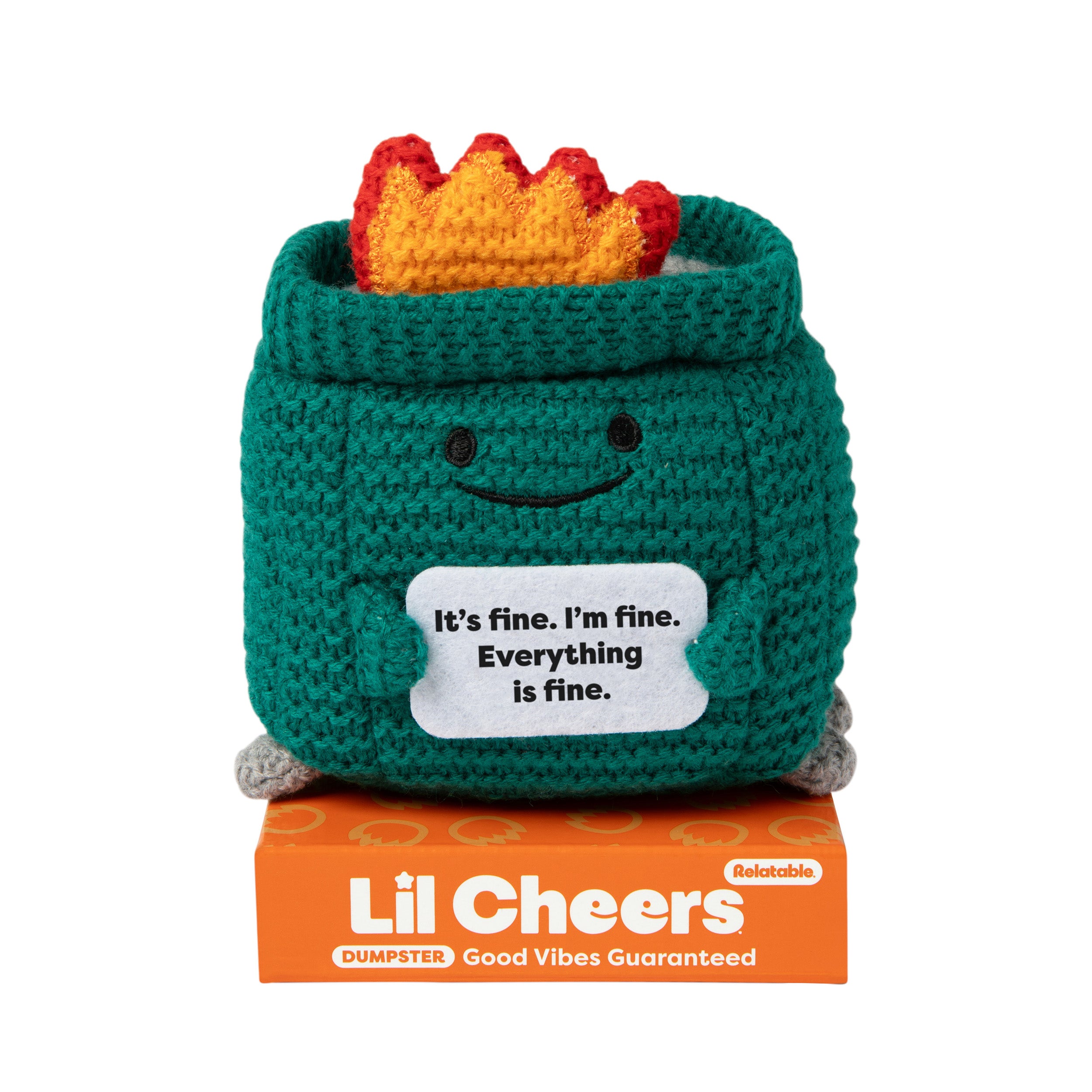 Lil Cheers Dumpster by Relatable – Funny Crochet Plush with Motivational Sign, Uplifting Gift & Desk Decor