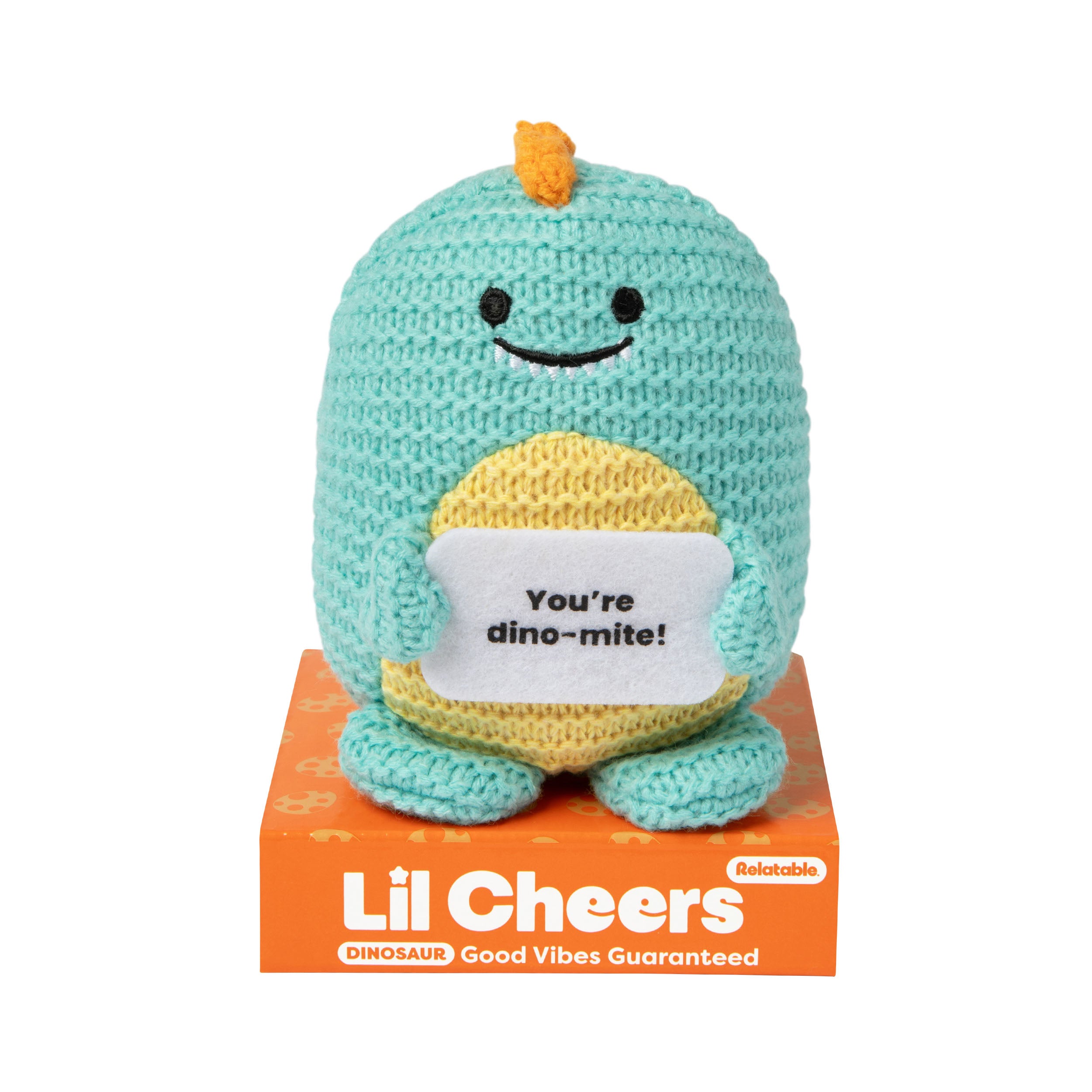 Lil Cheers Dino by Relatable – Cute Crochet Dinosaur Plush with Motivational Sign, Easter Gift & Uplifting Desk Decor