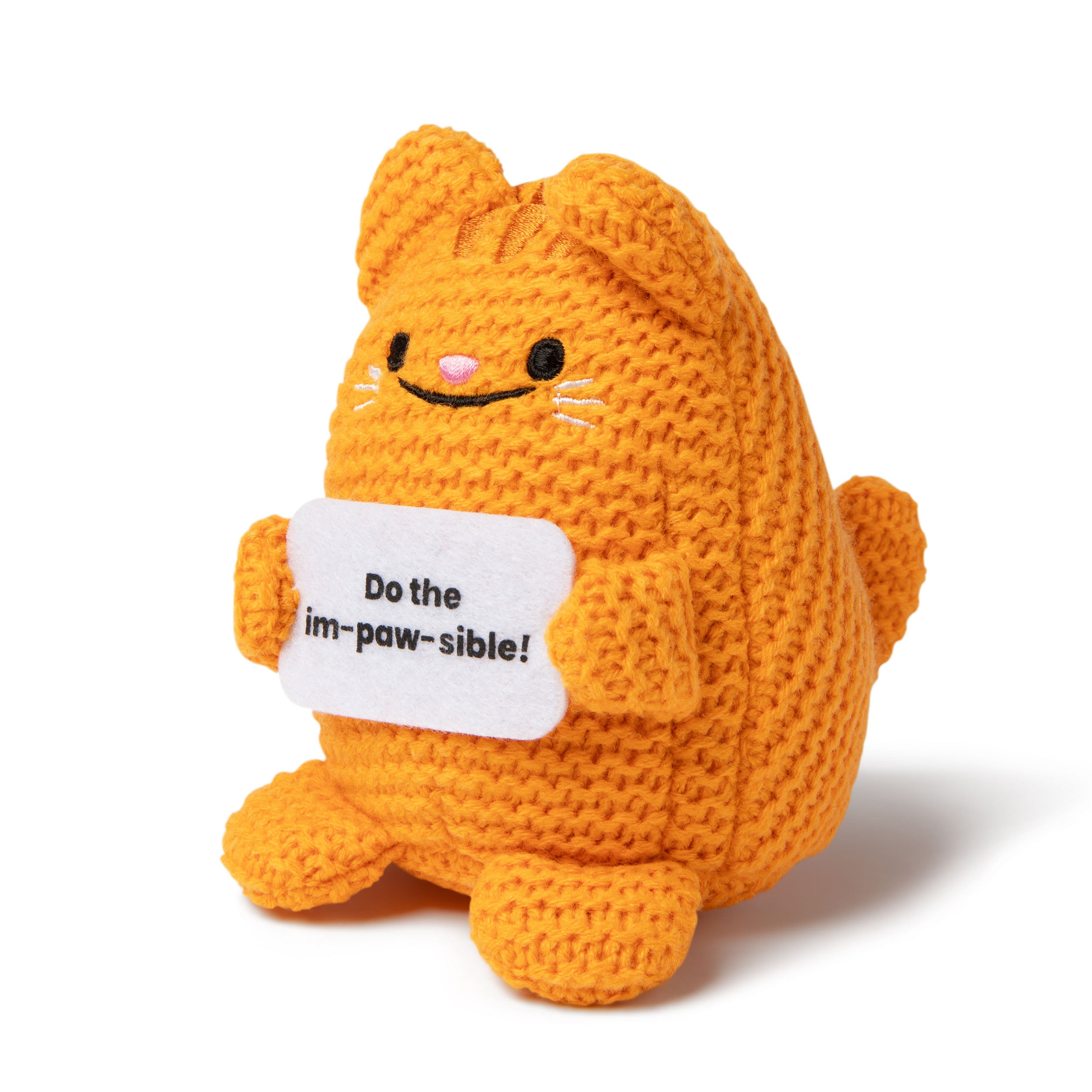 Lil Cheers Cat by Relatable – Cute Crochet Plush with Motivational Sign, Easter Gift Idea & Desk Decor for Kids, Teens, and Adults