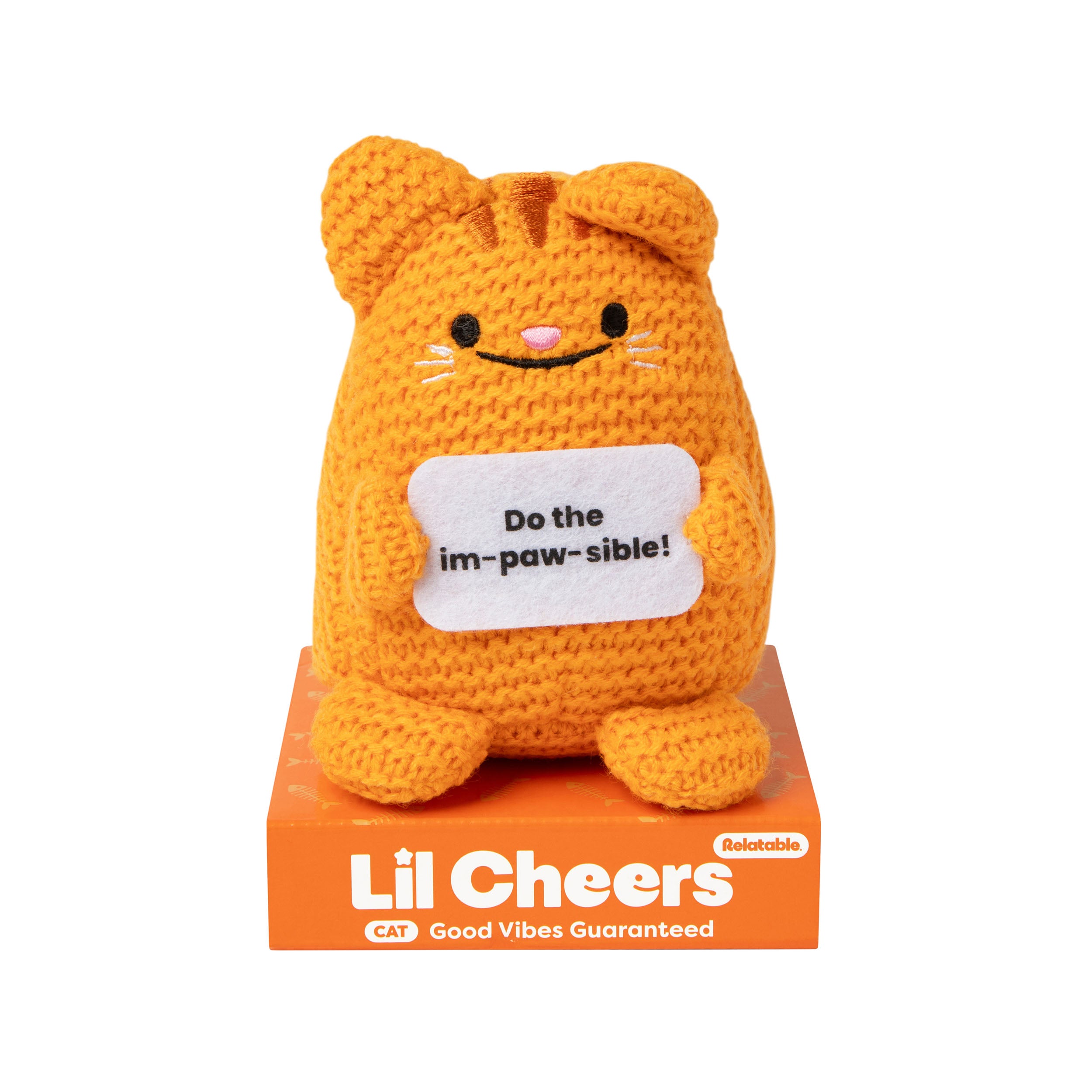 Lil Cheers Cat by Relatable – Cute Crochet Plush with Motivational Sign, Easter Gift Idea & Desk Decor for Kids, Teens, and Adults