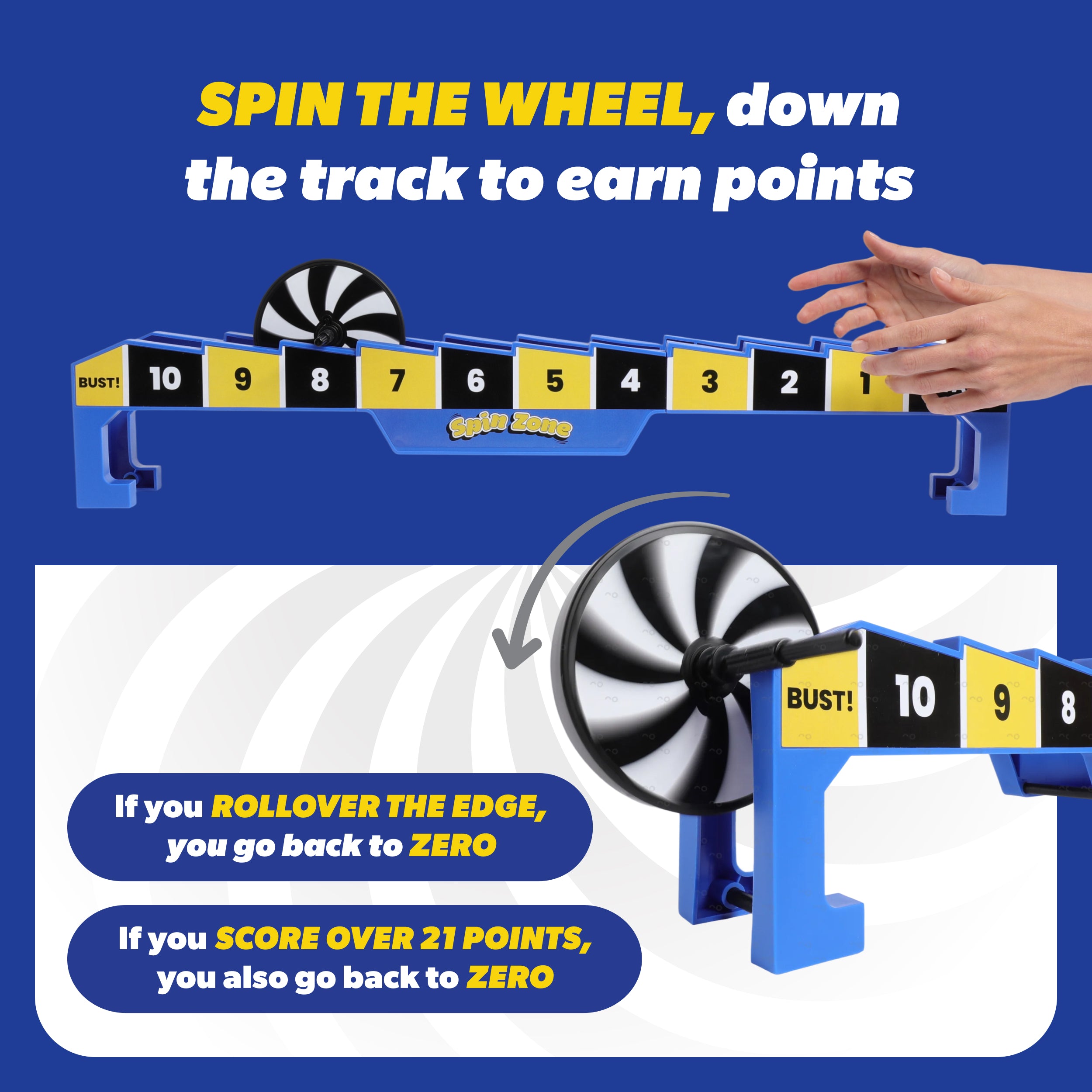 Spin Zone by Relatable - One of the Most Addictive Simple Games Around. Spin the Wheel Down the Track to Earn Exactly 21 Points. It's Carnival Games Energy for All Ages - Includes 1 Rack and Spinner.