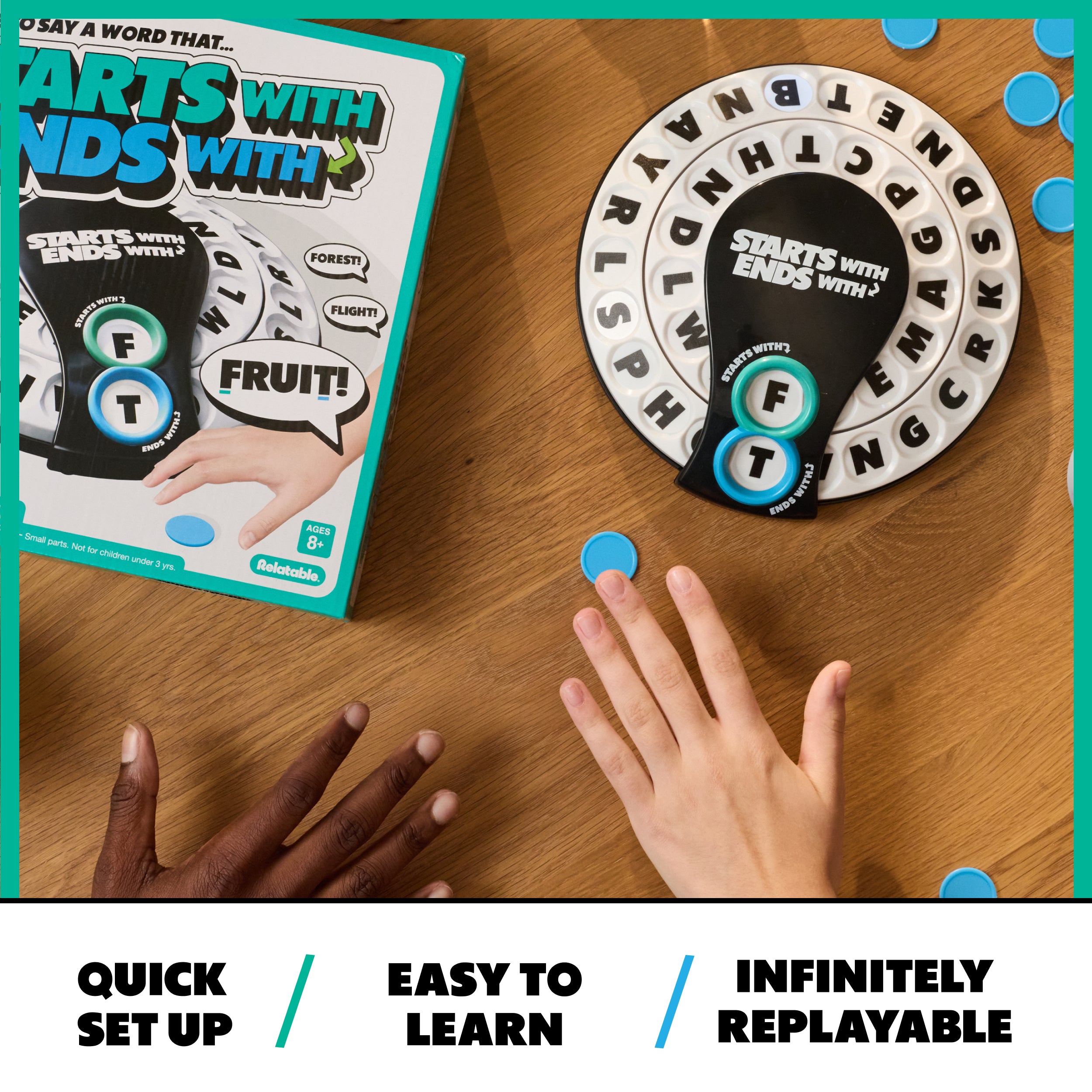 Starts With Ends With by Relatable - The Fast Paced Word Game Your Family Games Collection Has Been Missing. Spin The Letter Wheels and Race to Shout the Word – Includes 1 Spinner Device and 20 Tokens.