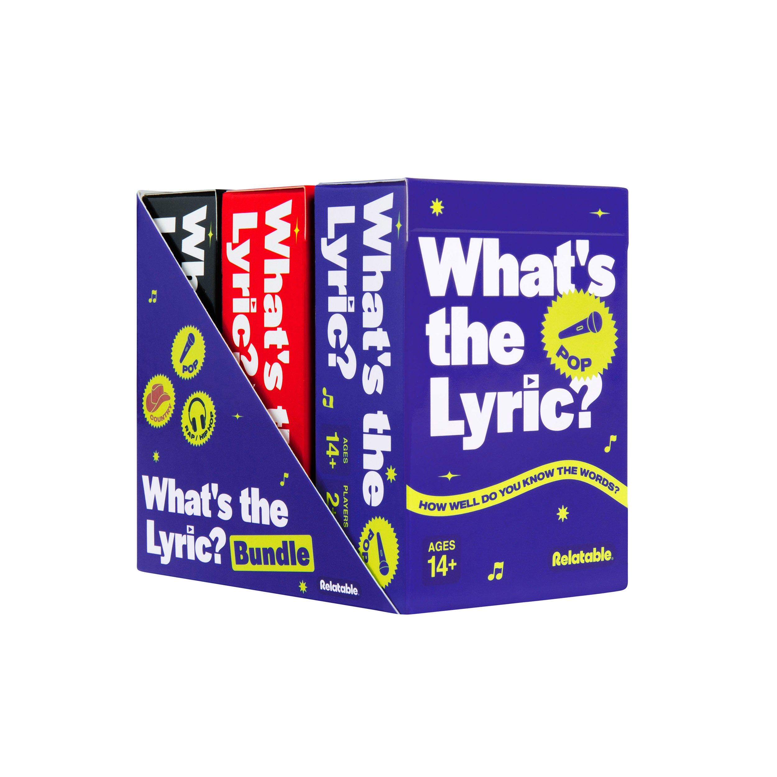 What's The Lyric Ultimate Bundle by Relatable - A Music Trivia Game and Finish the Lyric Game for Music Fans – Includes 300 Pop, Rap, and Country Music Trivia Cards for ages 14+.