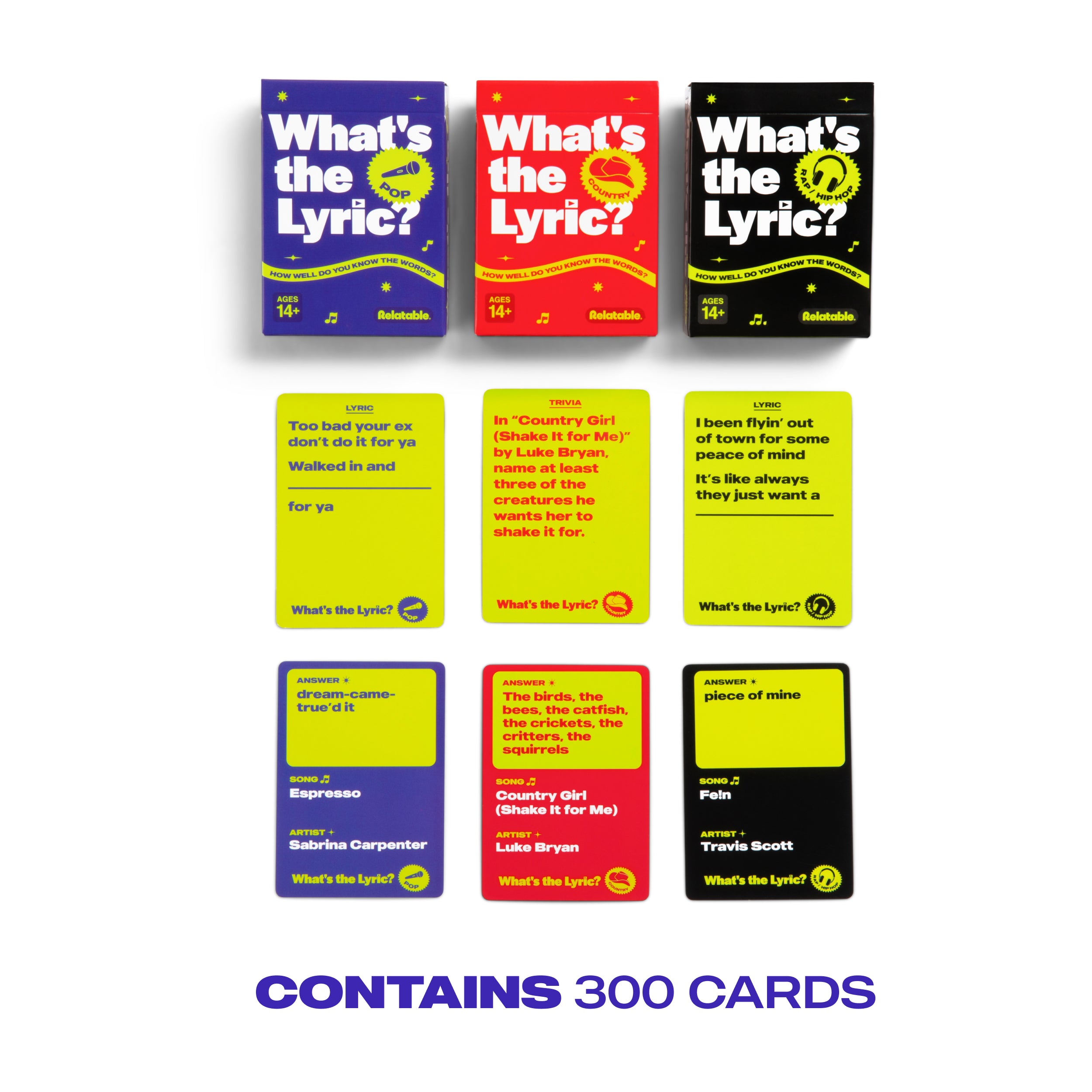 What's The Lyric Ultimate Bundle by Relatable - A Music Trivia Game and Finish the Lyric Game for Music Fans – Includes 300 Pop, Rap, and Country Music Trivia Cards for ages 14+.