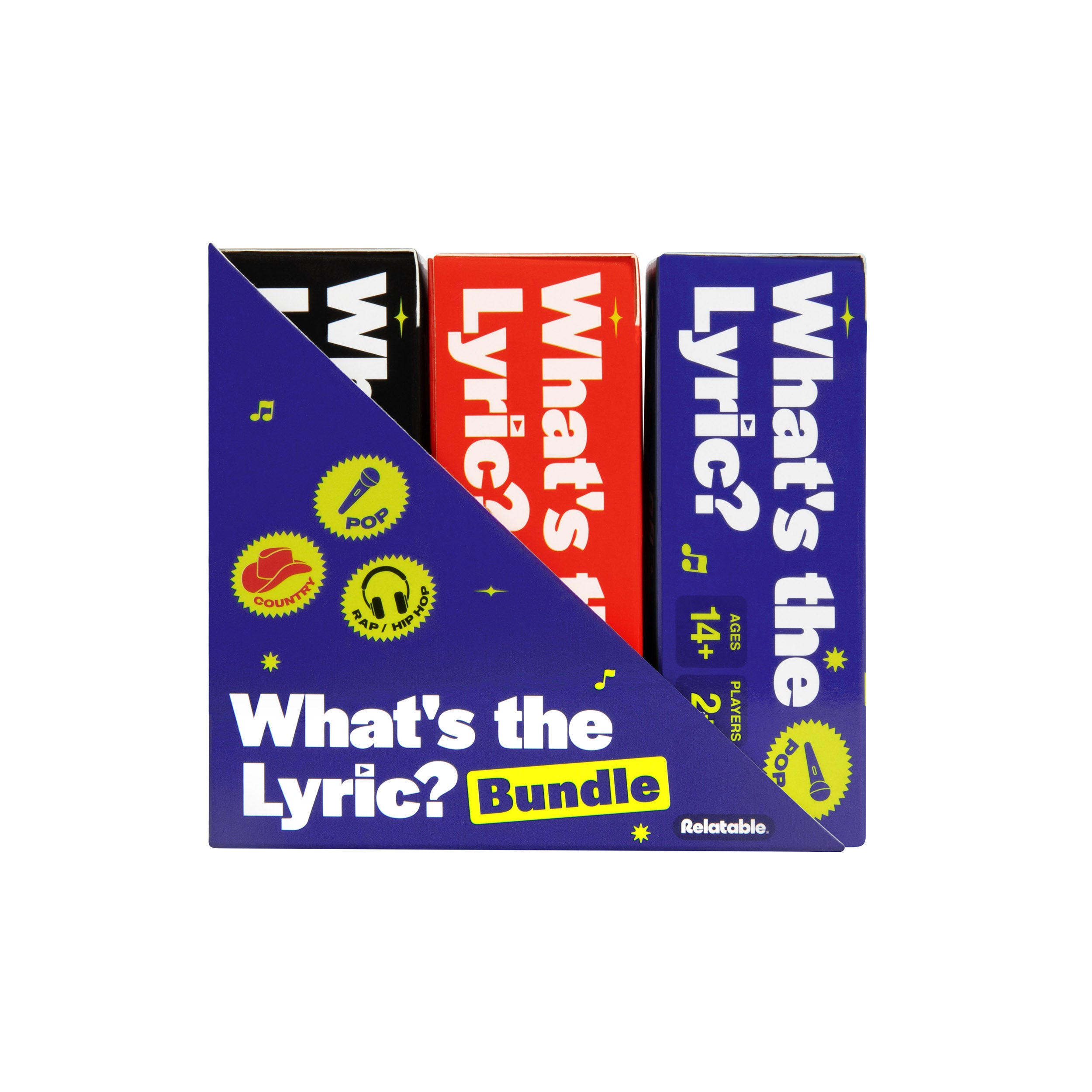 What's The Lyric Ultimate Bundle by Relatable - A Music Trivia Game and Finish the Lyric Game for Music Fans – Includes 300 Pop, Rap, and Country Music Trivia Cards for ages 14+.
