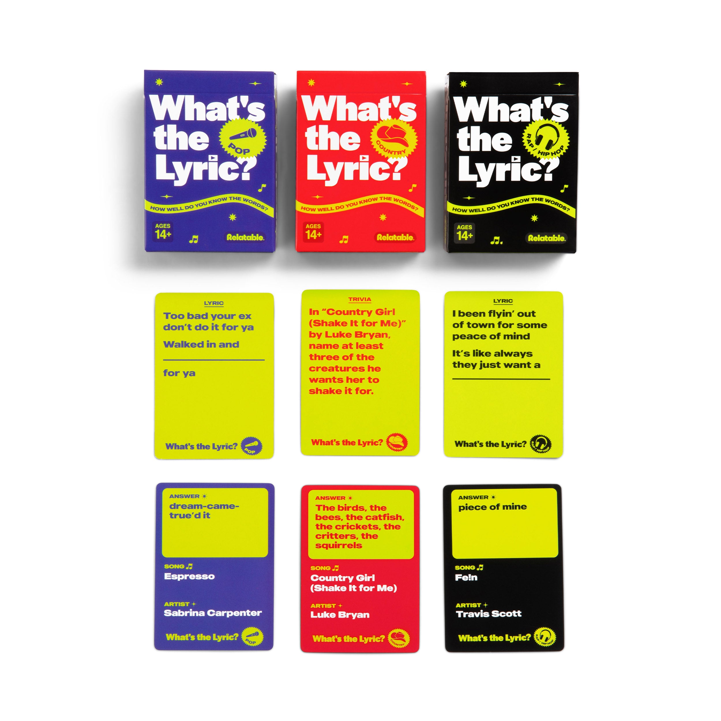 What's The Lyric Ultimate Bundle by Relatable - A Music Trivia Game and Finish the Lyric Game for Music Fans – Includes 300 Pop, Rap, and Country Music Trivia Cards for ages 14+.