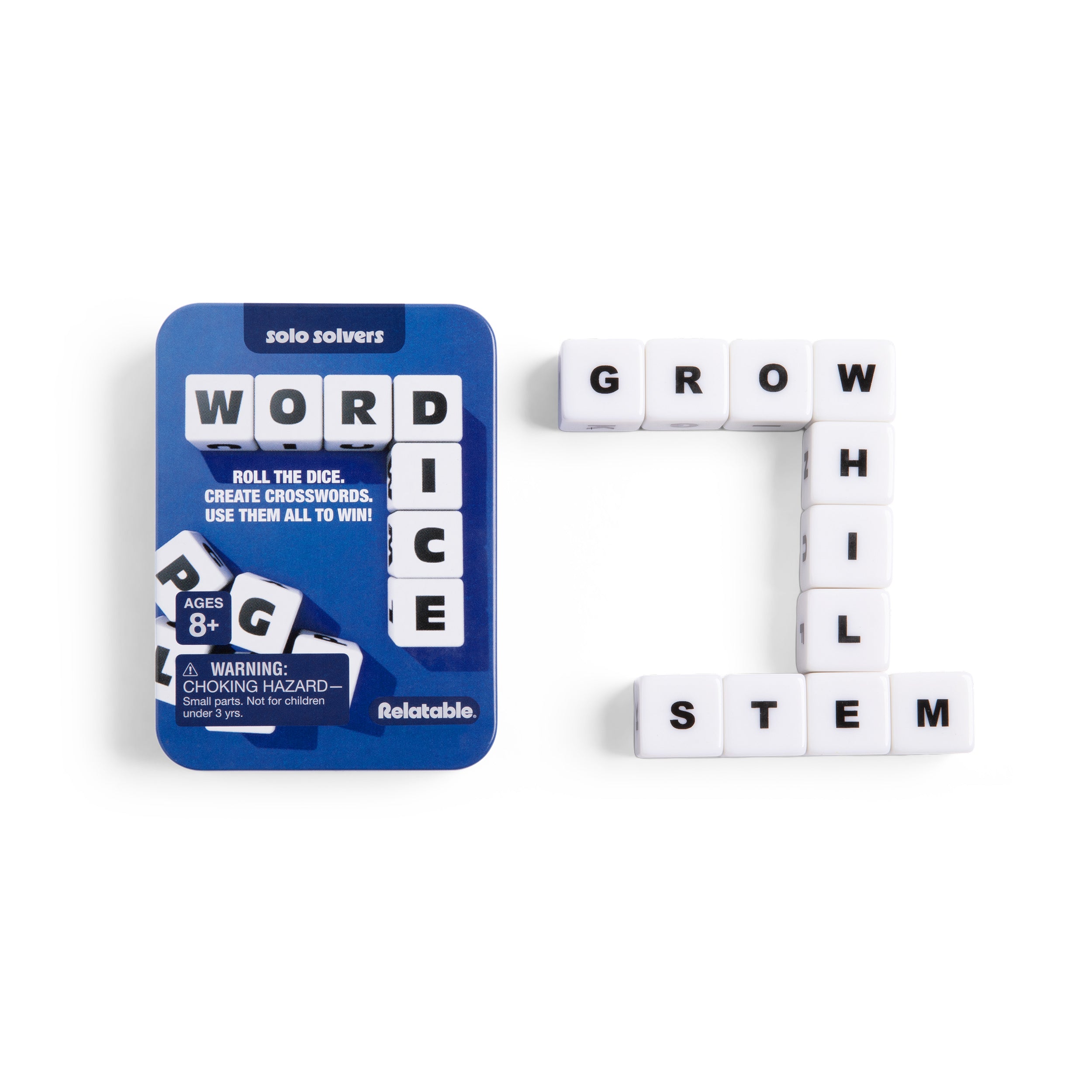 Word Dice by Relatable - Brain Teaser Puzzles - Roll The Dice and Build Crosswords - 1 Tin, 12 Dice