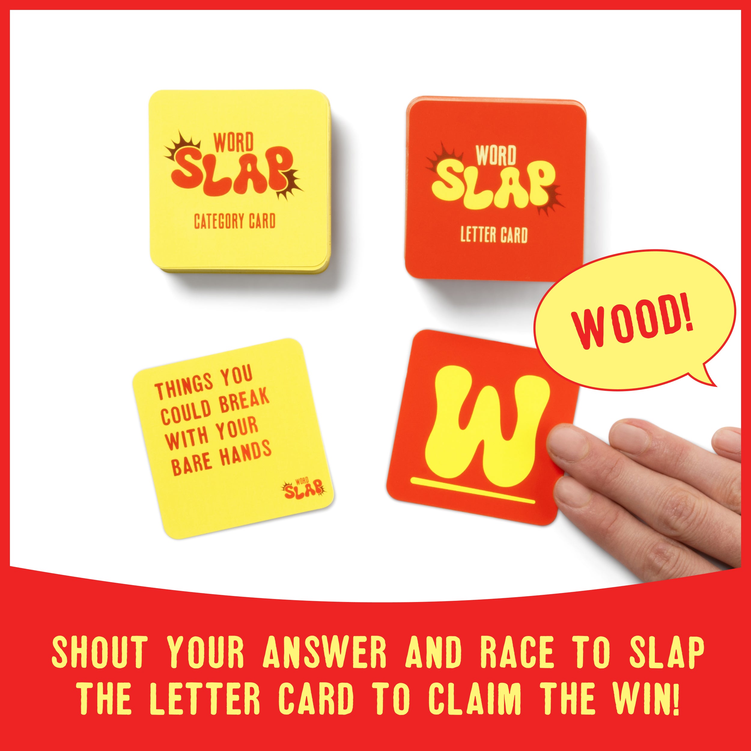 Word Slap by Relatable - Shout It, Slap It, Spell It. A Fast Paced Word Game and Thinking Game Built for Family Game Night, Party Games and Brain Games for Kids – Includes 165 Letter & Category Cards.