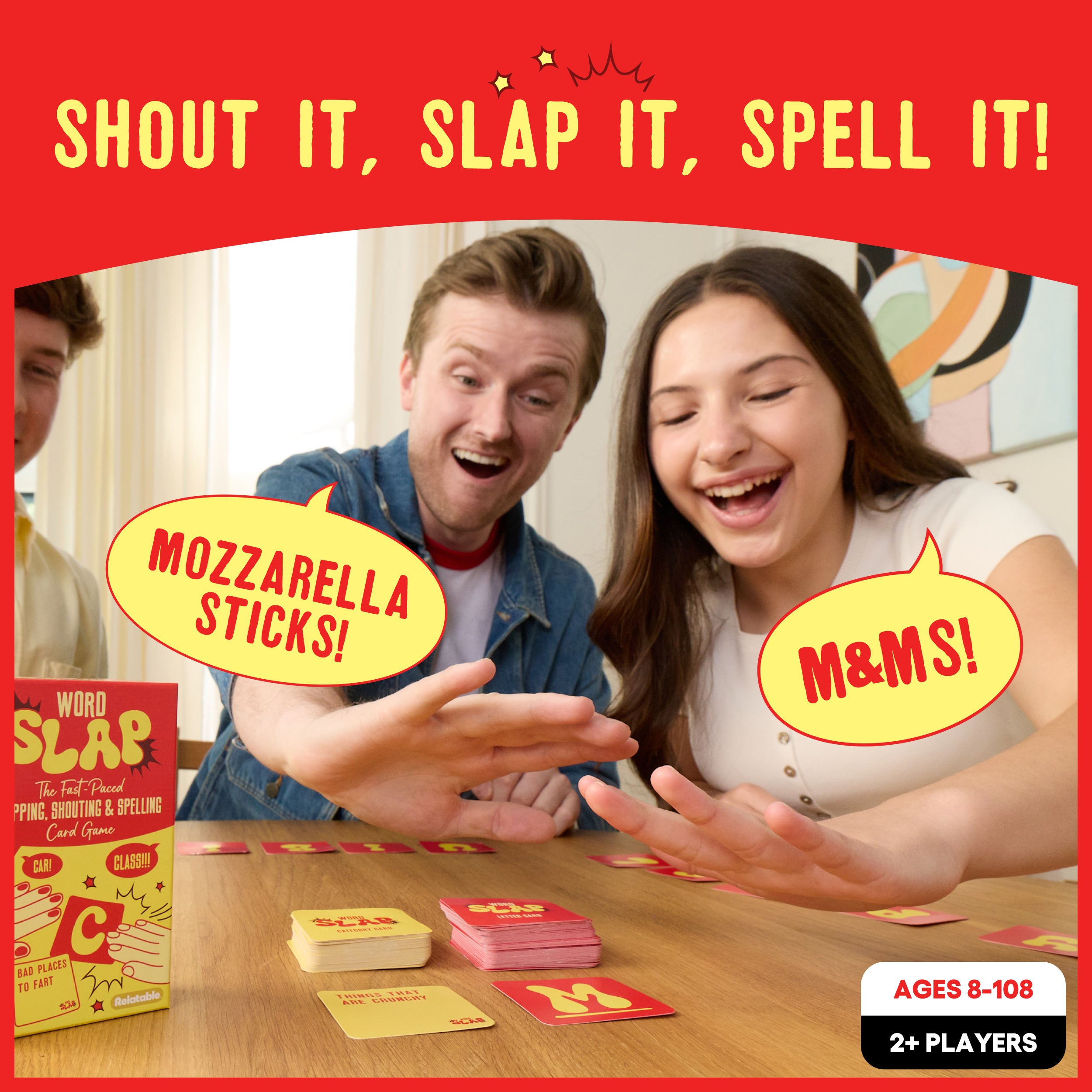 Word Slap by Relatable - Shout It, Slap It, Spell It. A Fast Paced Word Game and Thinking Game Built for Family Game Night, Party Games and Brain Games for Kids – Includes 165 Letter & Category Cards.