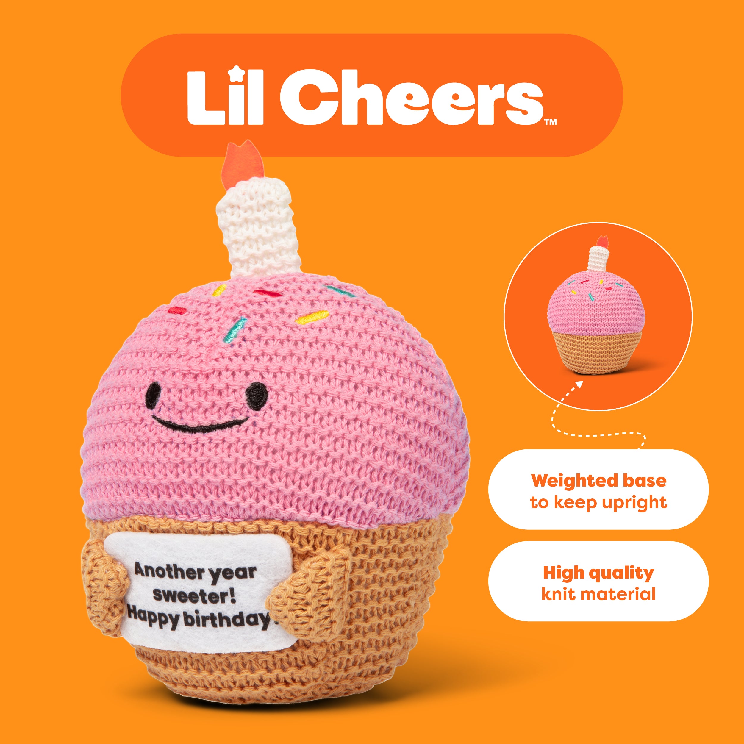 Lil Cheers Birthday Cupcake by Relatable – Crochet Plush with Motivational Sign, Great Birthday Gifts, Birthday Plush, Comfort Gifts & Desk Buddy