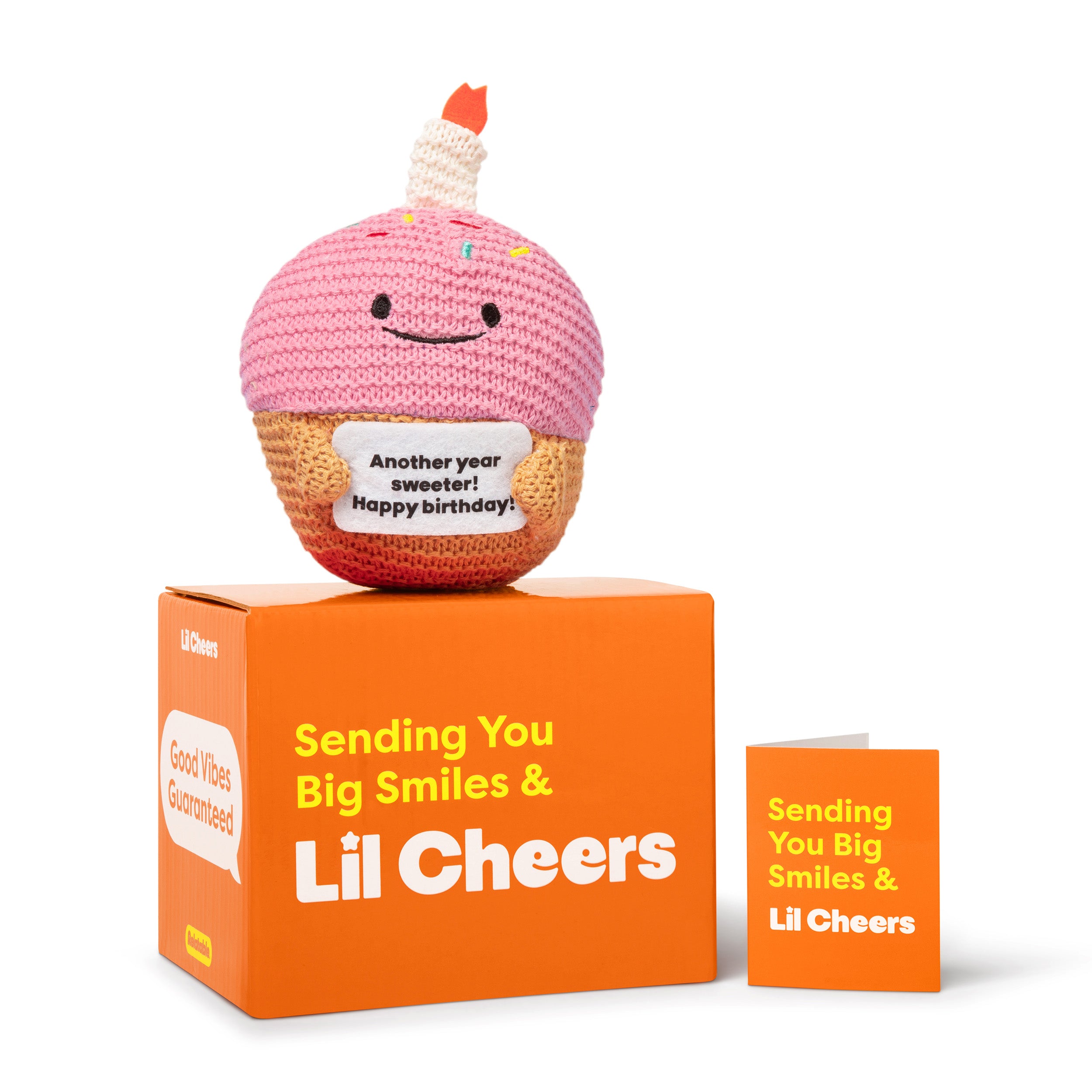 Lil Cheers Birthday Cupcake by Relatable – Crochet Plush with Motivational Sign, Great Birthday Gifts, Birthday Plush, Comfort Gifts & Desk Buddy