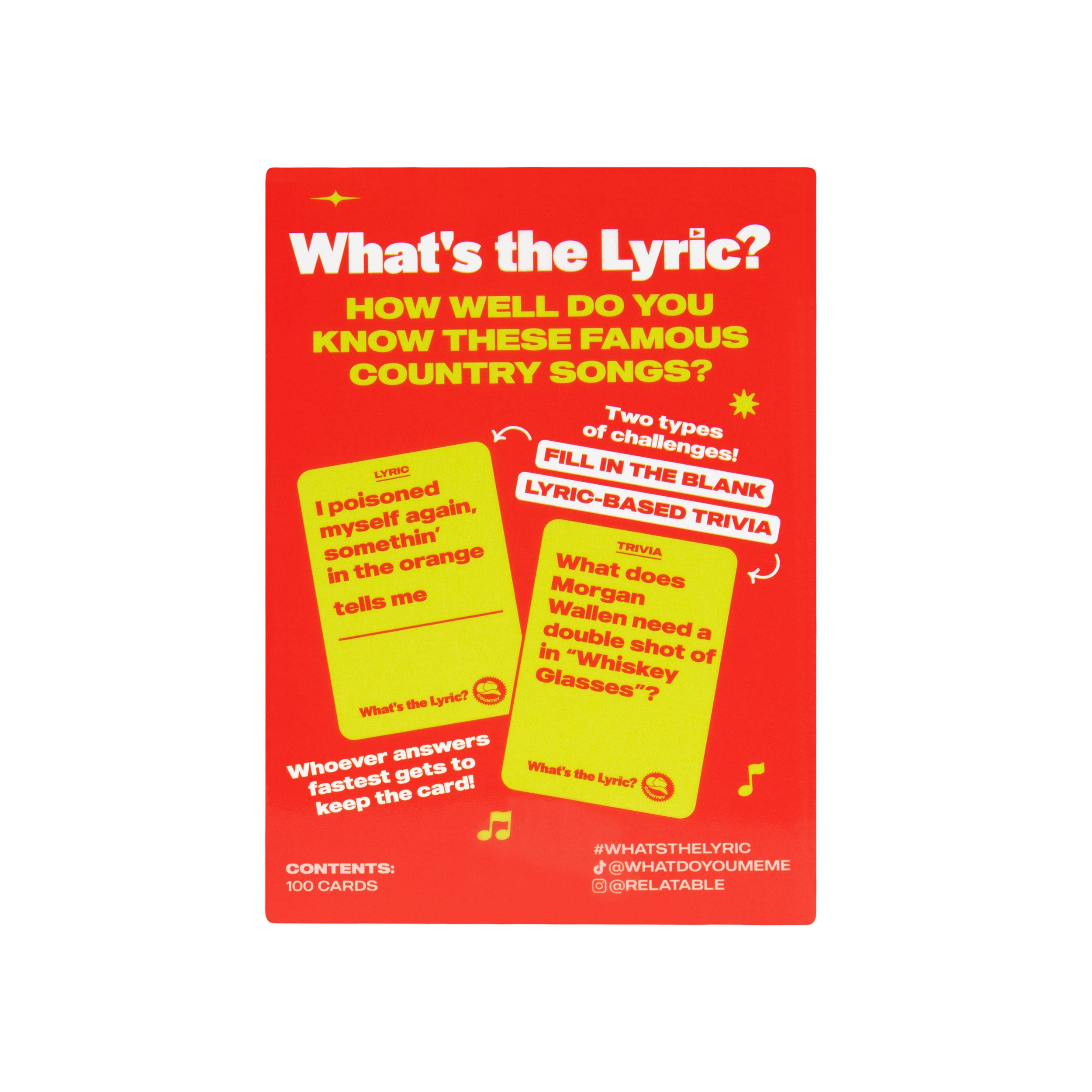 What's The Lyric Country by Relatable - A Country Music Trivia Game and Finish the Lyric Card Game Featuring Classic Country Songs – Includes 100 Cards.