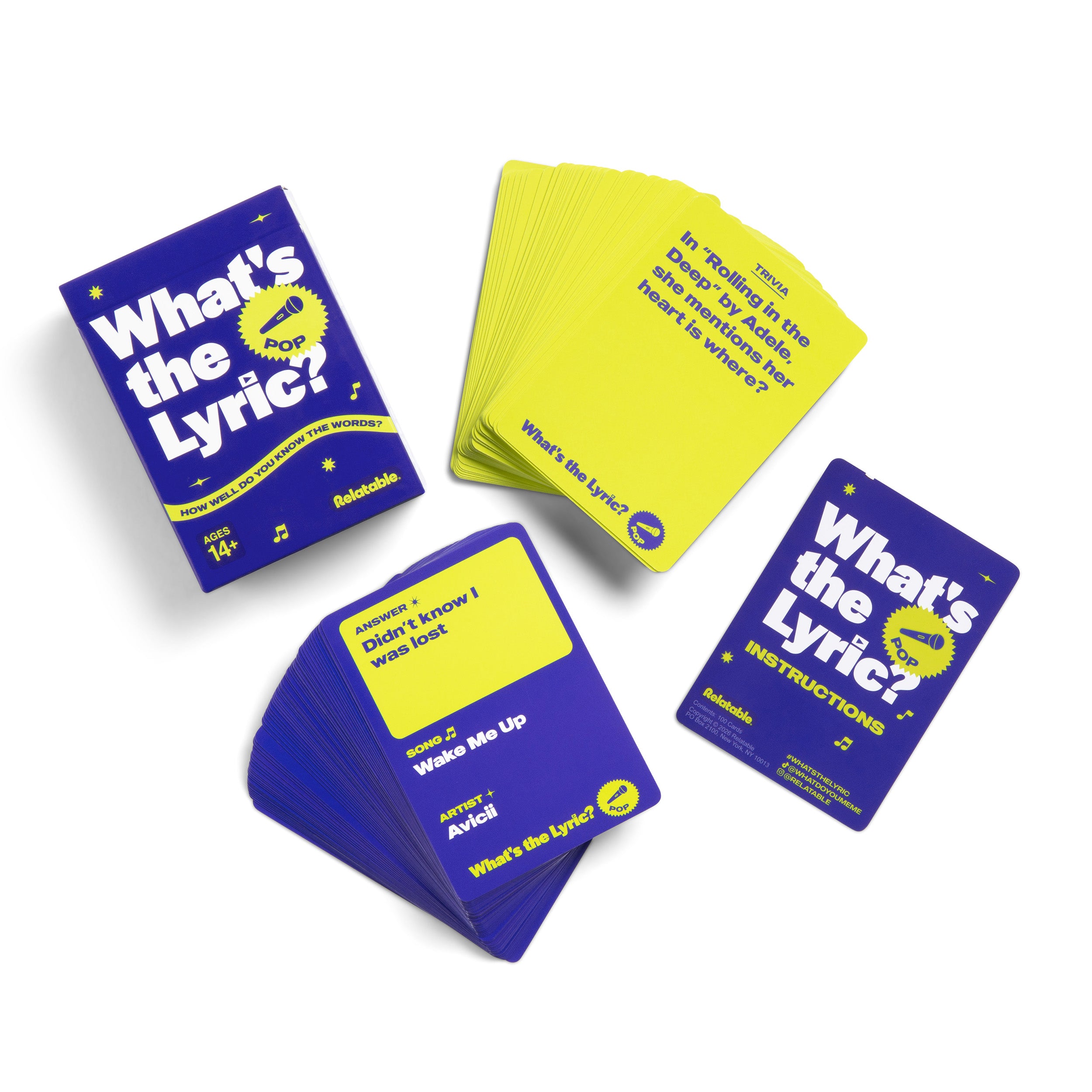 What's The Lyric Pop by Relatable - A Music Trivia Game and Finish the Lyric Card Game Featuring All Of The Top Hits – Includes 100 Cards.