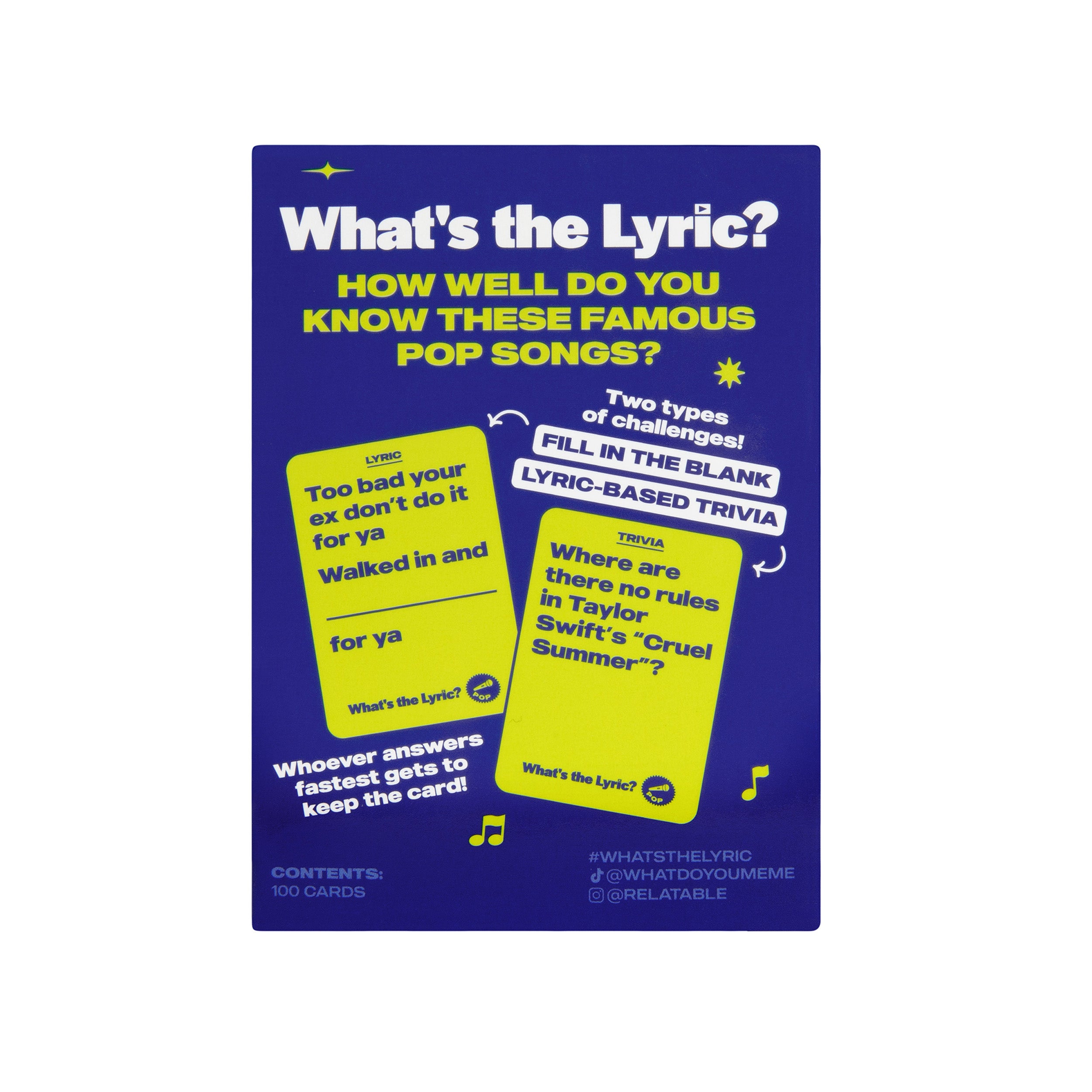 What's The Lyric Pop by Relatable - A Music Trivia Game and Finish the Lyric Card Game Featuring All Of The Top Hits – Includes 100 Cards.