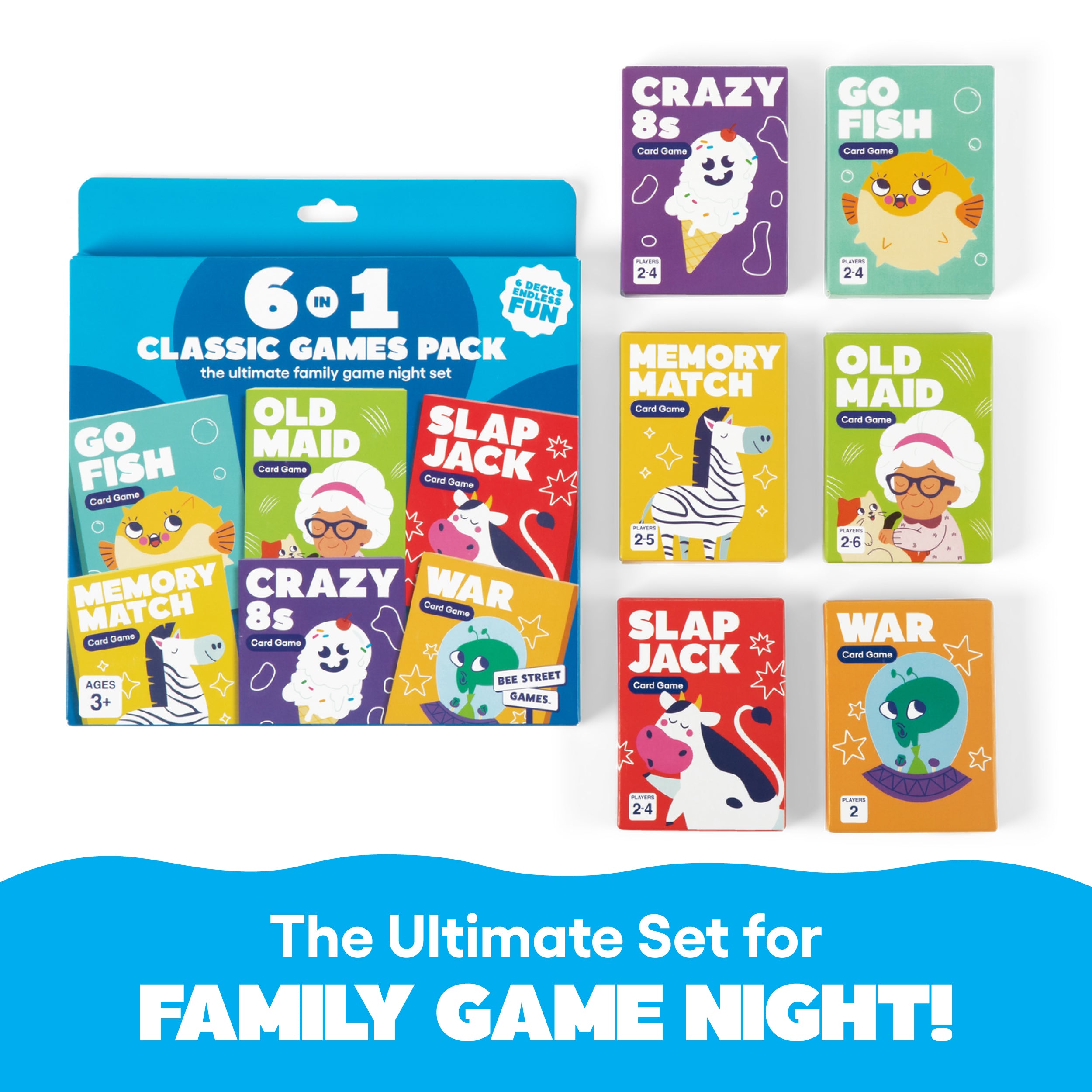 6 in 1 Classic Games Pack from Bee Street Games, By Relatable – The Ultimate Pack Of Family Games For Kids And Adults. Includes Six Card Games For Kids