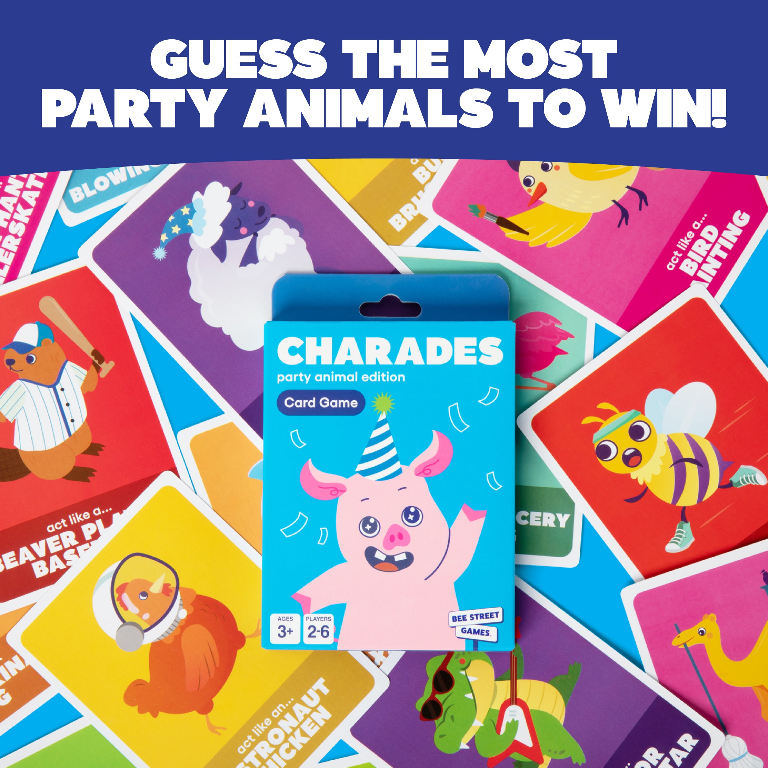 Charades, Party Animal Edition from Bee Street Games, by Relatable – Classic family games reimagined with playful, silly themes. Includes 36 jumbo playing cards.