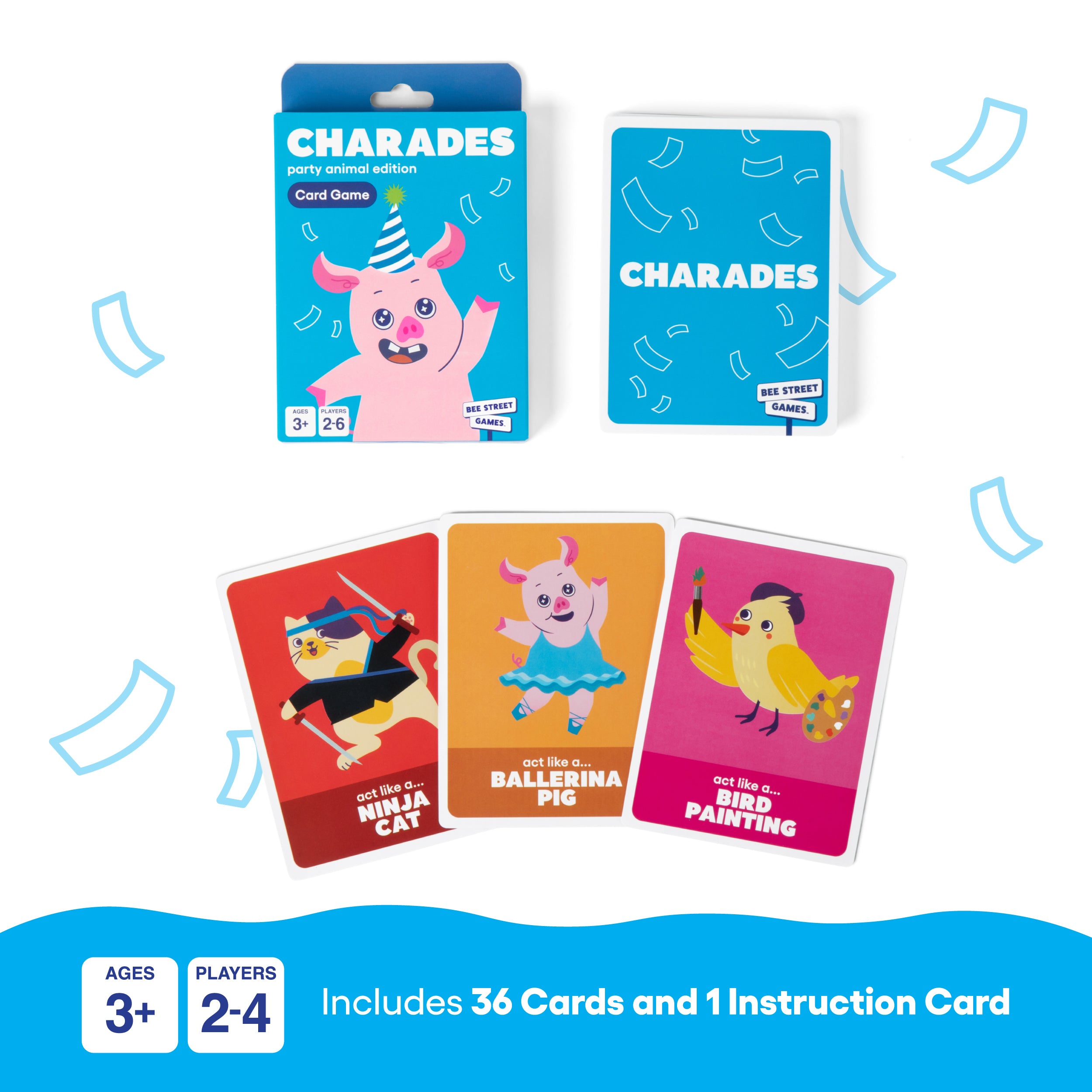 Charades, Party Animal Edition from Bee Street Games, by Relatable – Classic family games reimagined with playful, silly themes. Includes 36 jumbo playing cards.