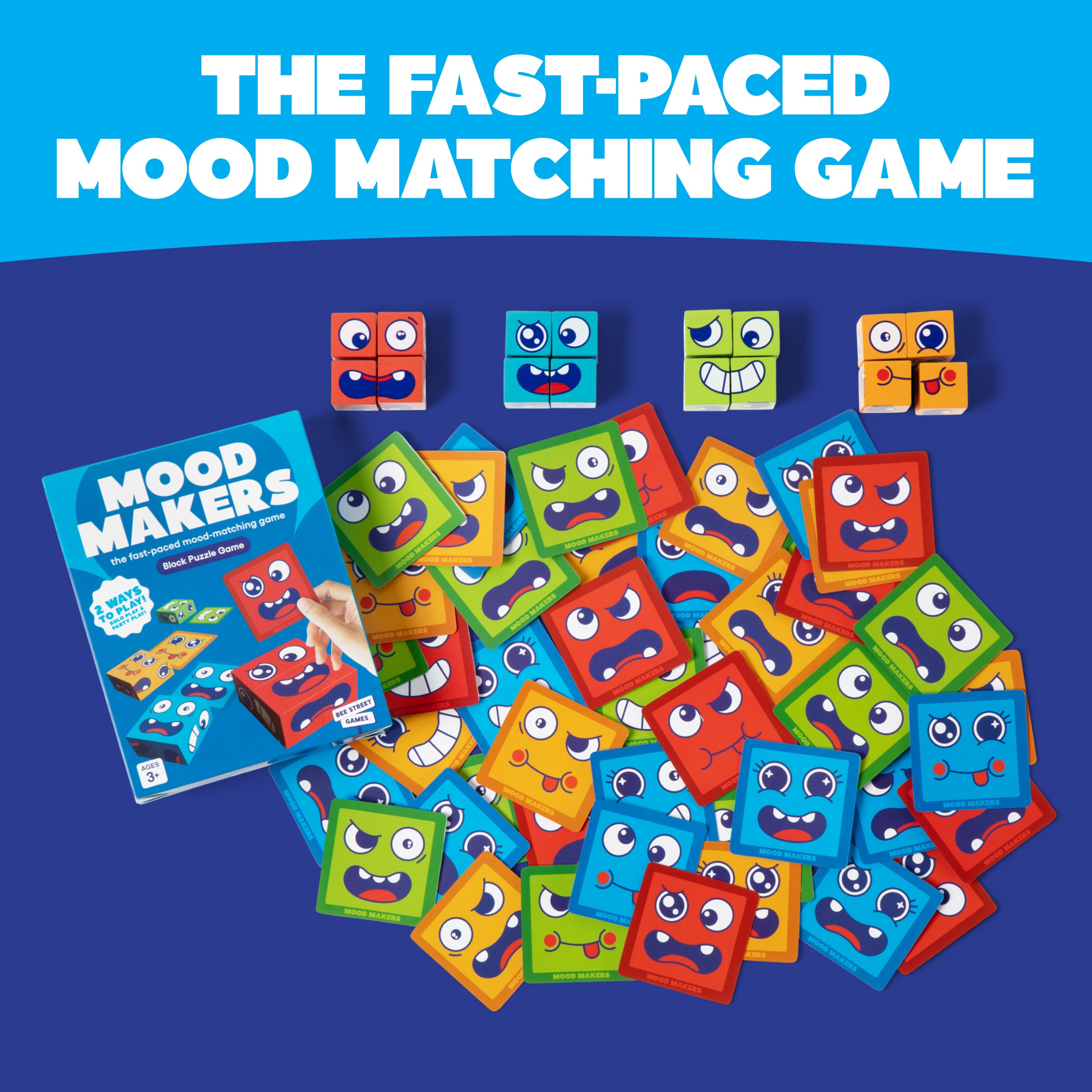 Mood Makers from Bee Street Games, by Relatable – A fast-paced dexterity kids games that includes 16 face blocks, 50 cards, and one instruction card.