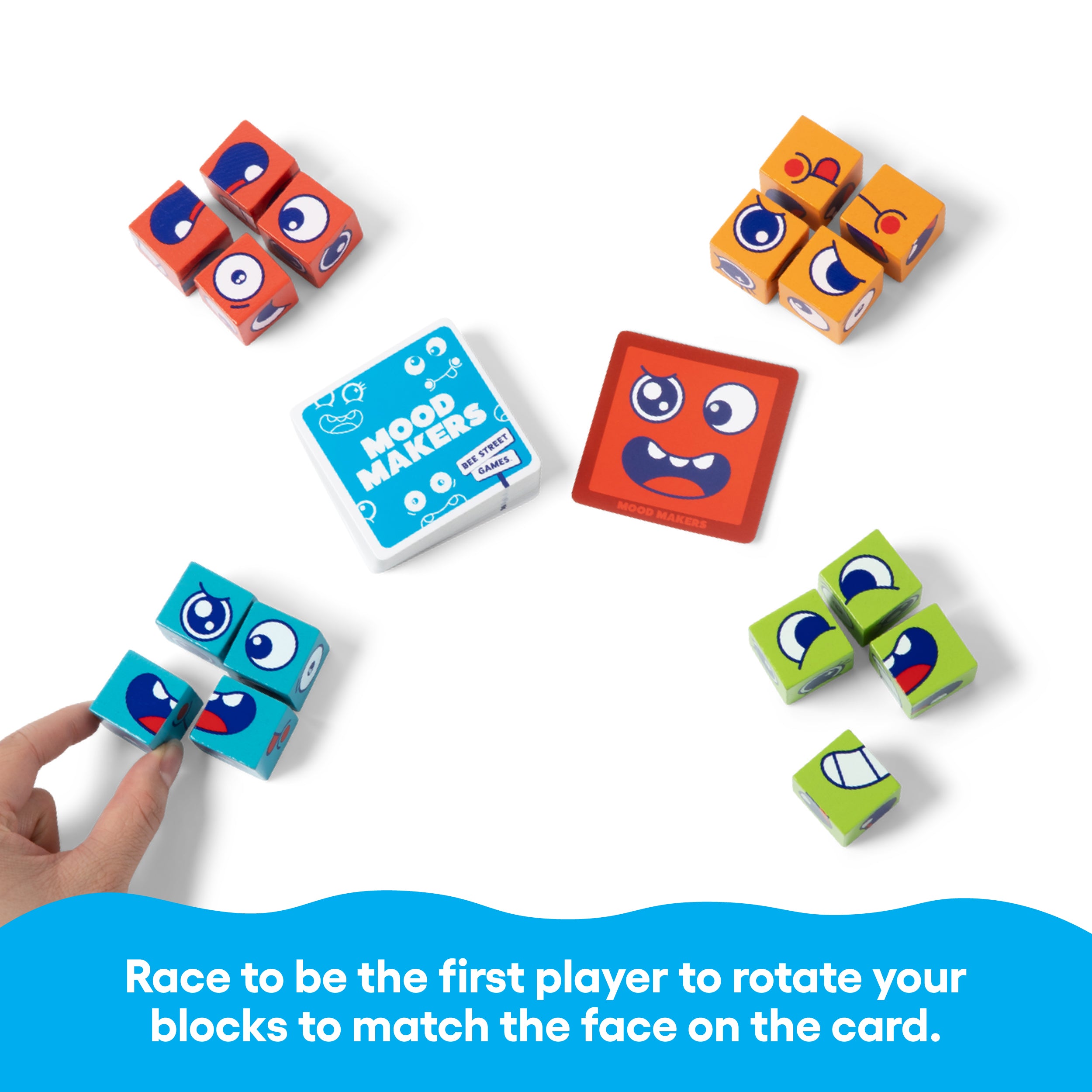 Mood Makers from Bee Street Games, by Relatable – A fast-paced dexterity kids games that includes 16 face blocks, 50 cards, and one instruction card.