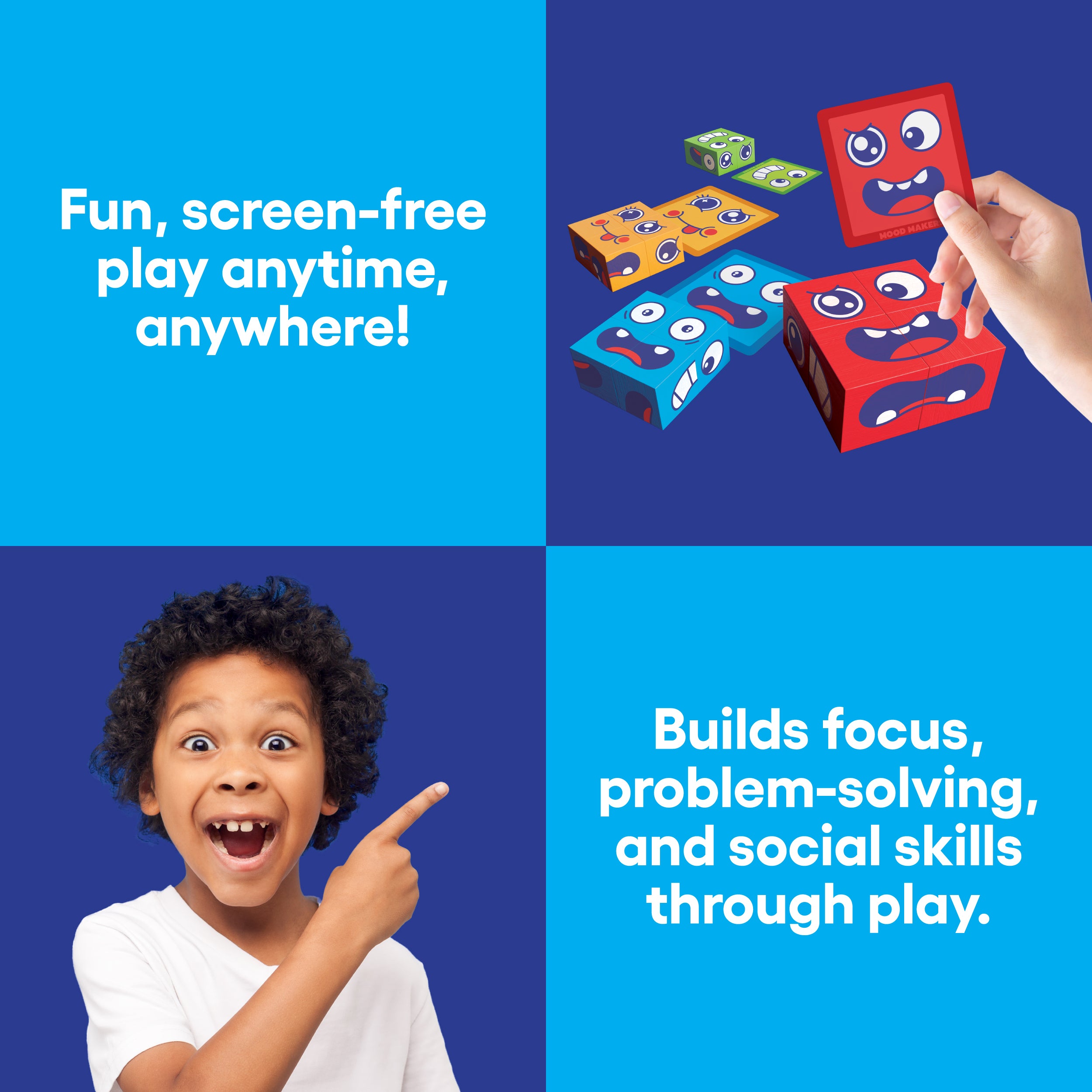 Mood Makers from Bee Street Games, by Relatable – A fast-paced dexterity kids games that includes 16 face blocks, 50 cards, and one instruction card.