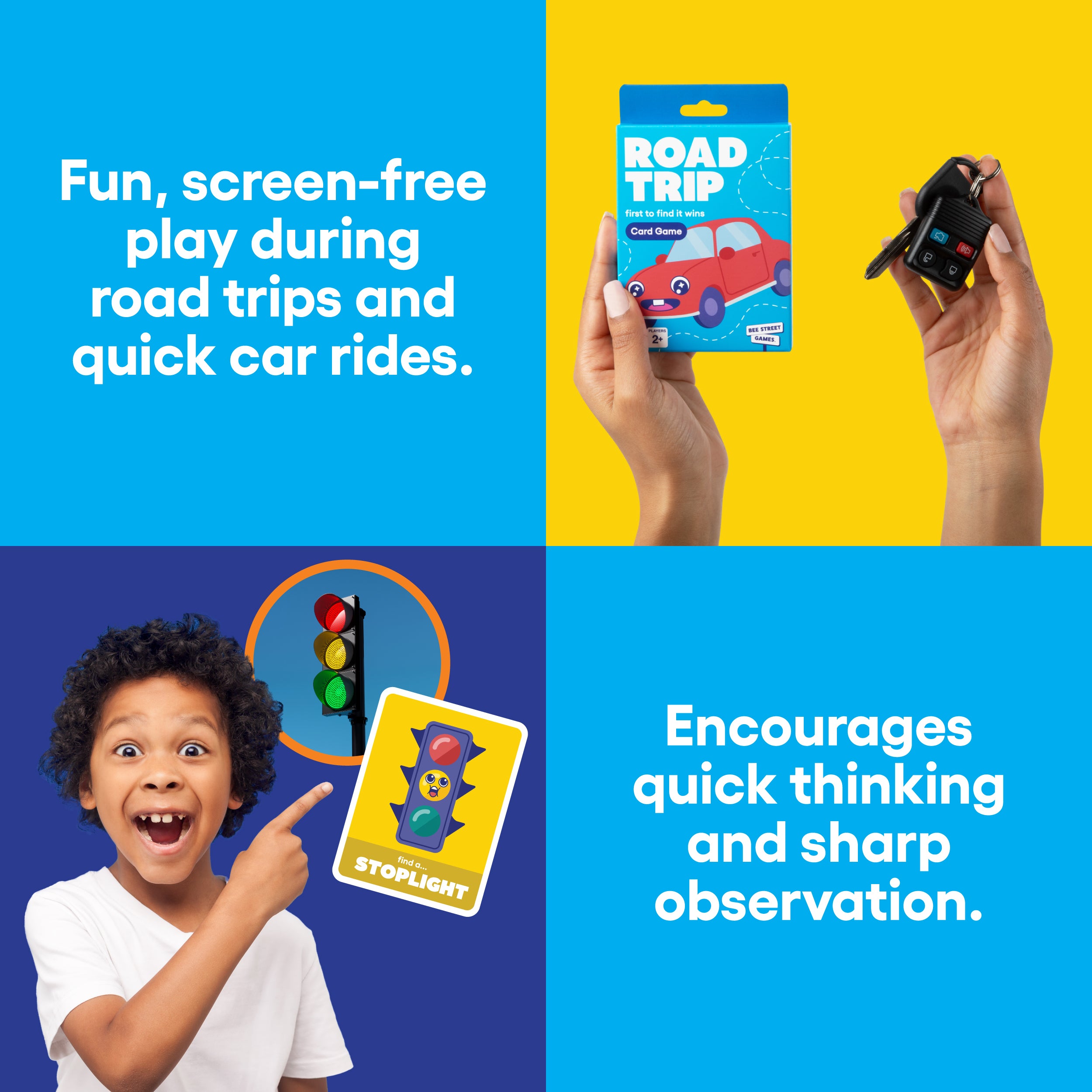 Road Trip from Bee Street Games, by Relatable. Road trip games for kids and family fun on the go. Includes 36 jumbo playing cards.