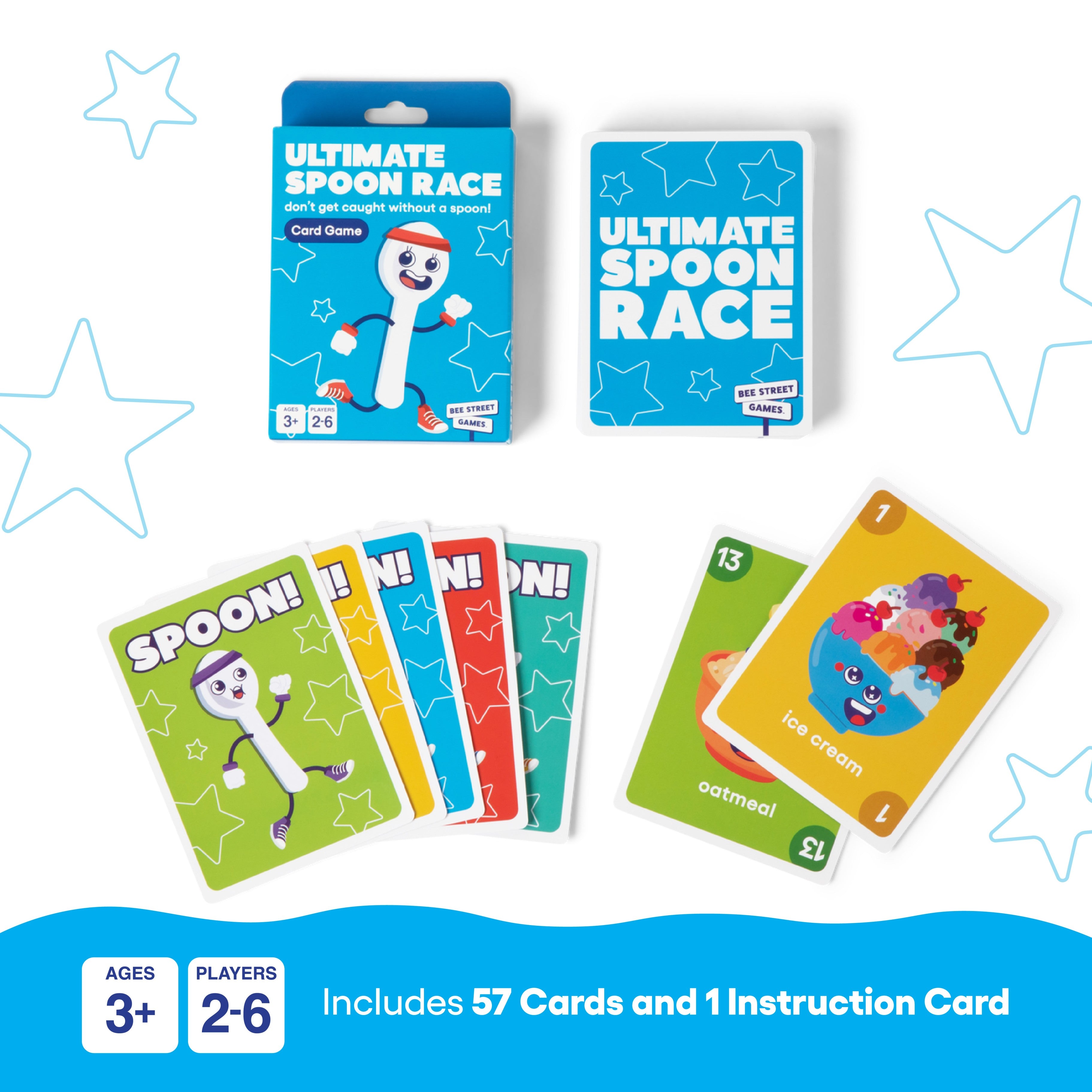 The Ultimate Spoon Race from Bee Street Games, by Relatable – Classic family games reimagined with playful themes. Includes 57 jumbo playing cards and one instruction card.