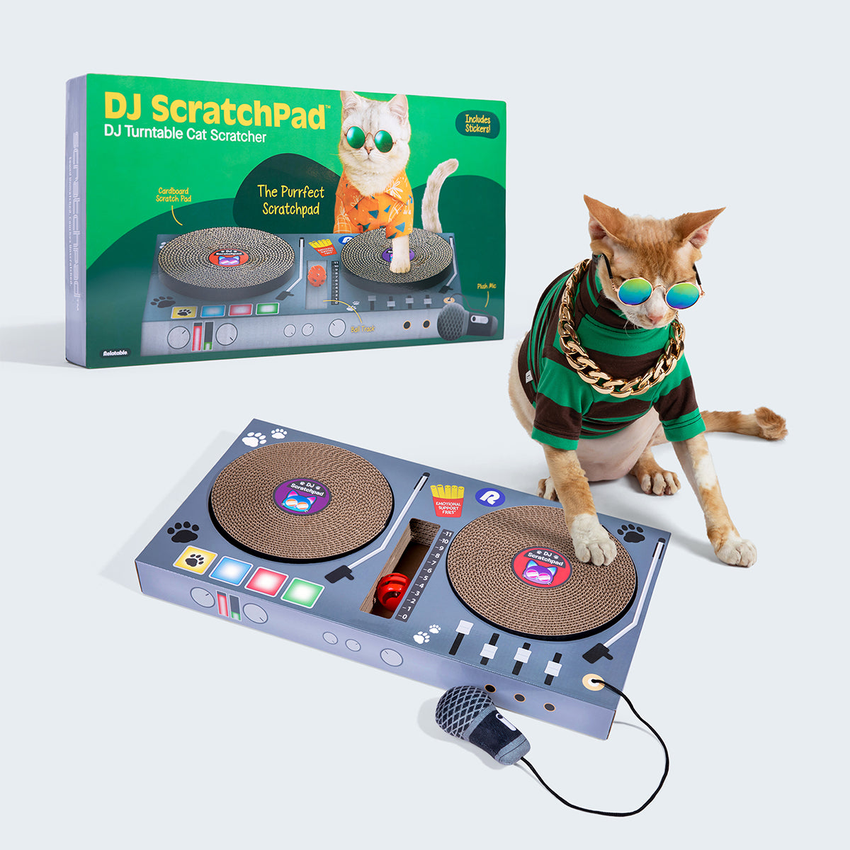 DJ Scratchpad by Relatable, Includes Box With 2 Scratch Wheels, 1 Plastic Ball With Bell, And Attached Microphone Plush