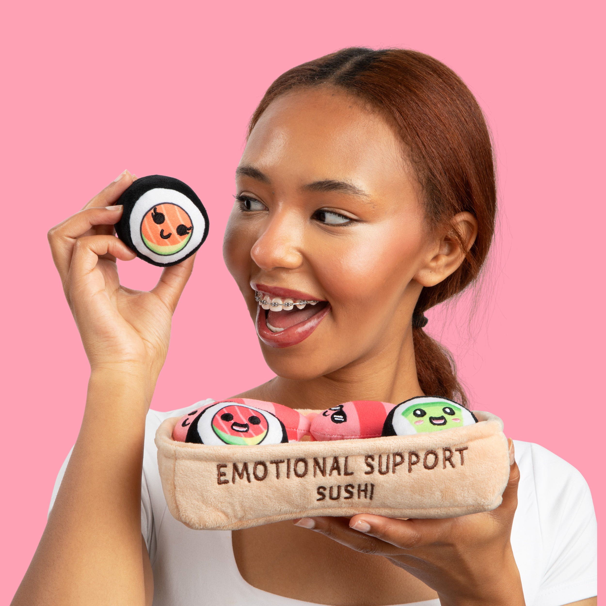 Emotional Support Sushi by Relatable – Cuddly Plush Sushi Toys in Basket, Funny Gifts and Comfort Plushies for All Ages, Includes 5 Plush Rolls