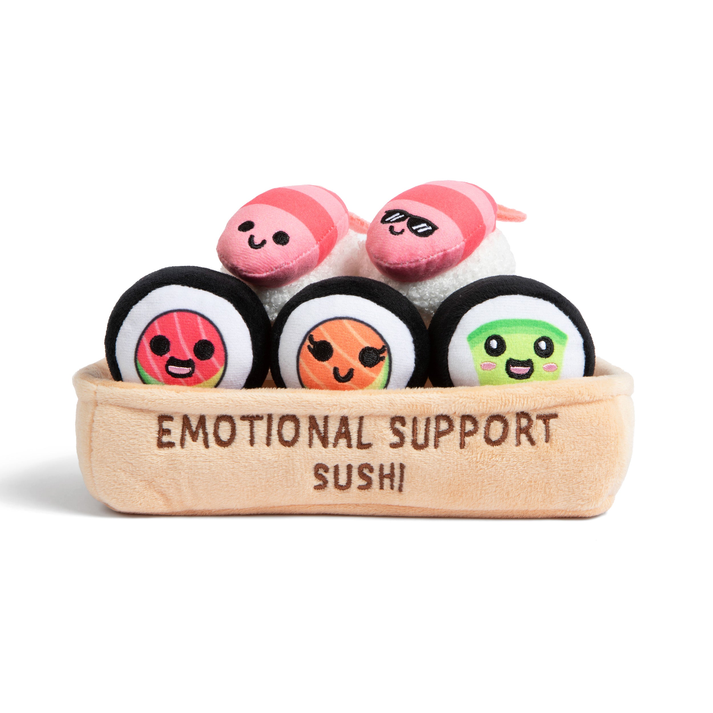 Emotional Support Sushi by Relatable – Cuddly Plush Sushi Toys in Basket, Funny Gifts and Comfort Plushies for All Ages, Includes 5 Plush Rolls